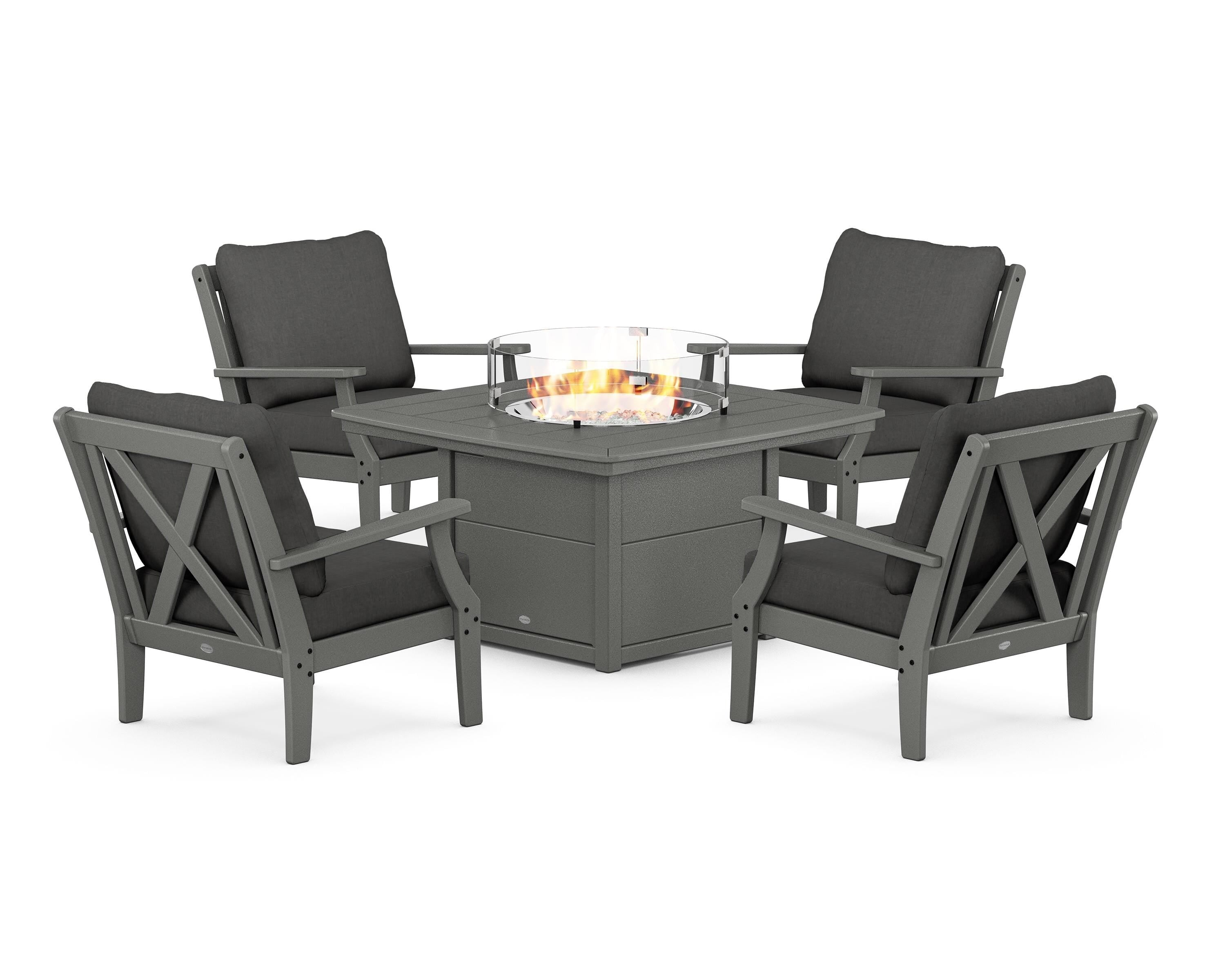 POLYWOOD Braxton 5-Piece Deep Seating Conversation Set with Fire Pit Table in Slate Grey / Spectrum Carbon