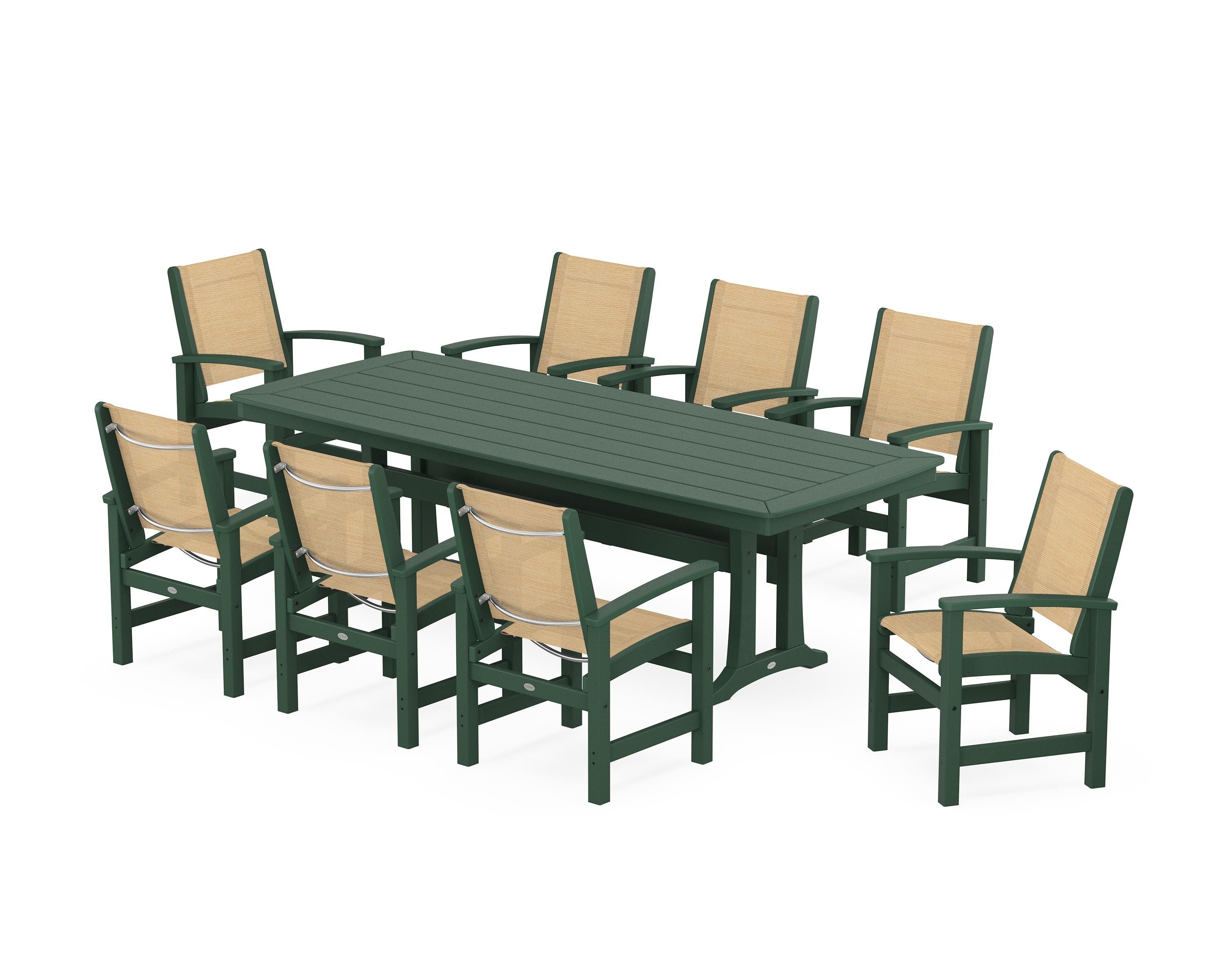POLYWOOD Coastal 9-Piece Dining Set with Trestle Legs in Green / Dupioni Apricot Sling