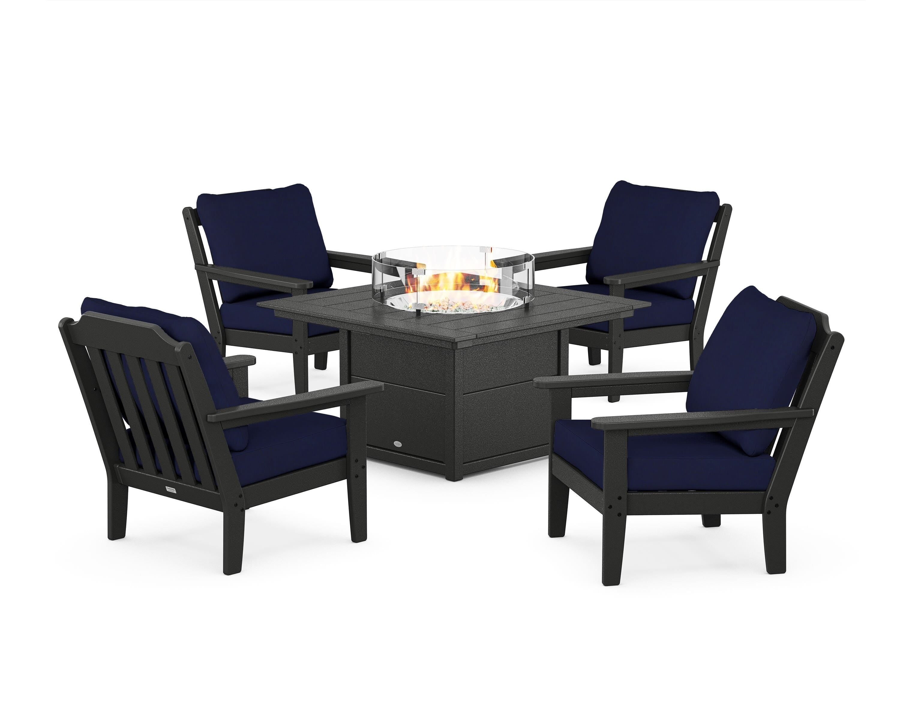 Country Living Cottage 5-Piece Deep Seating Set with Fire Pit Table in Black / Navy