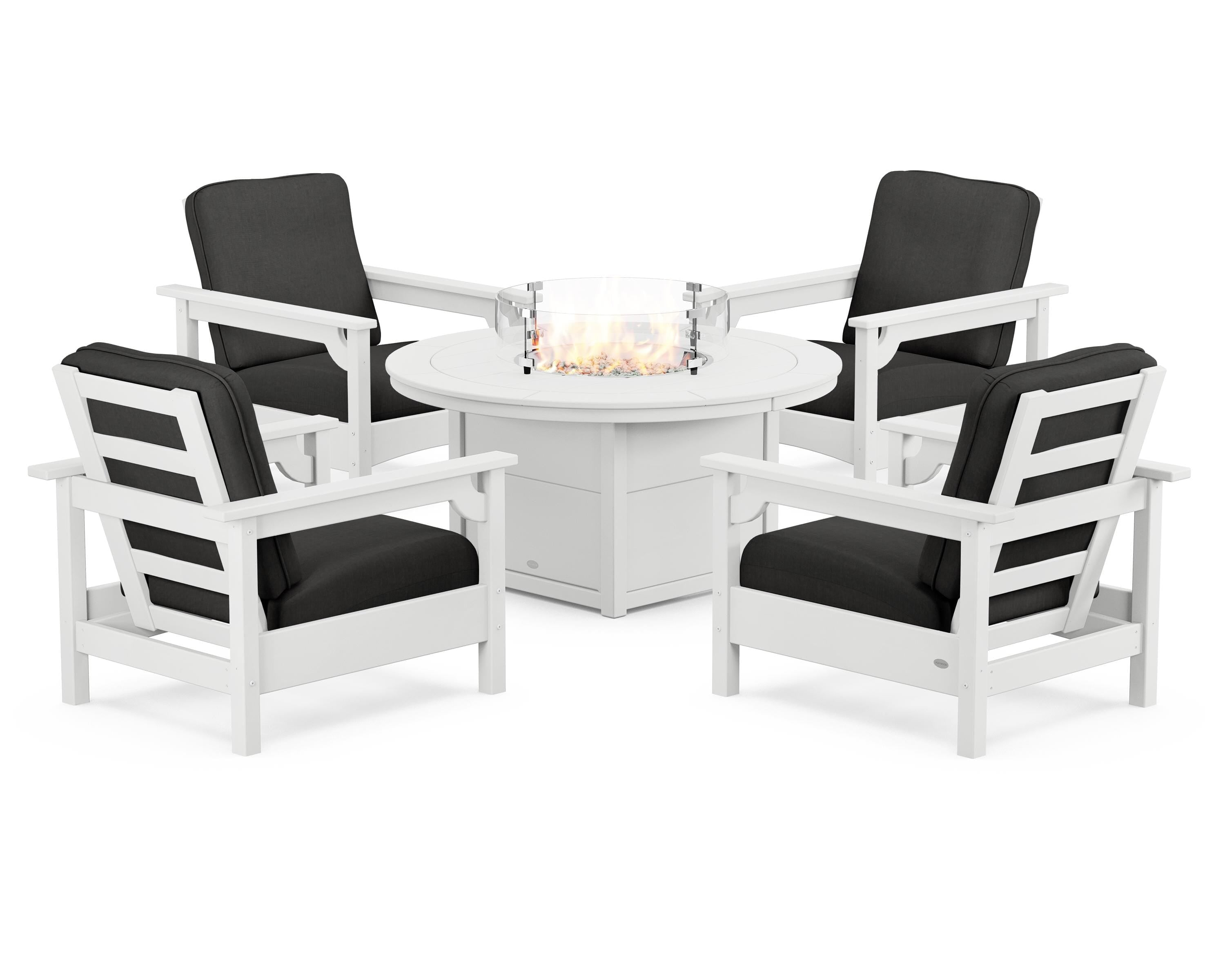 POLYWOOD Club 5-Piece Conversation Set with Fire Pit Table in White / Spectrum Carbon
