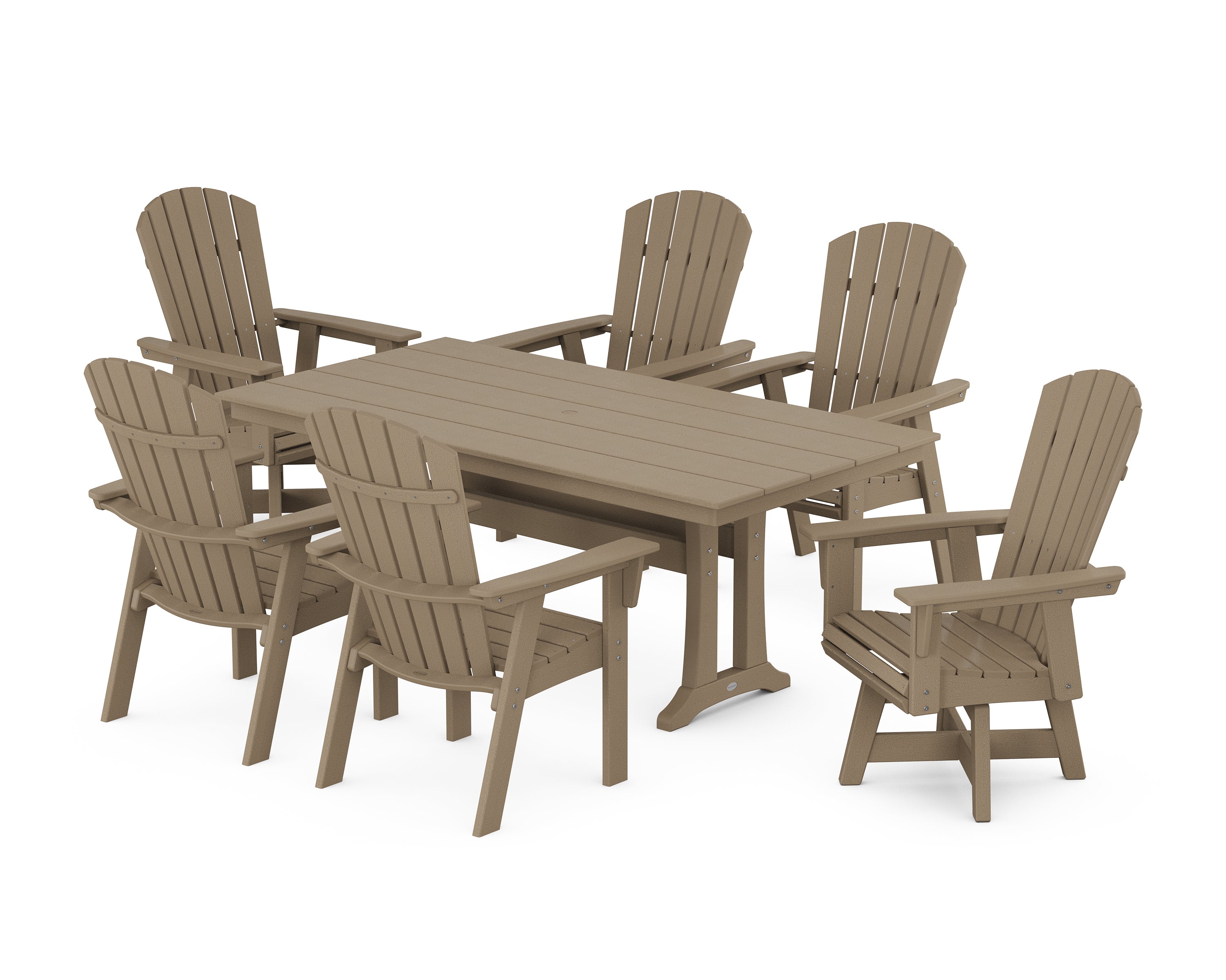POLYWOOD® Nautical Curveback Adirondack Swivel Chair 7-Piece Farmhouse Dining Set With Trestle Legs in Vintage Sahara
