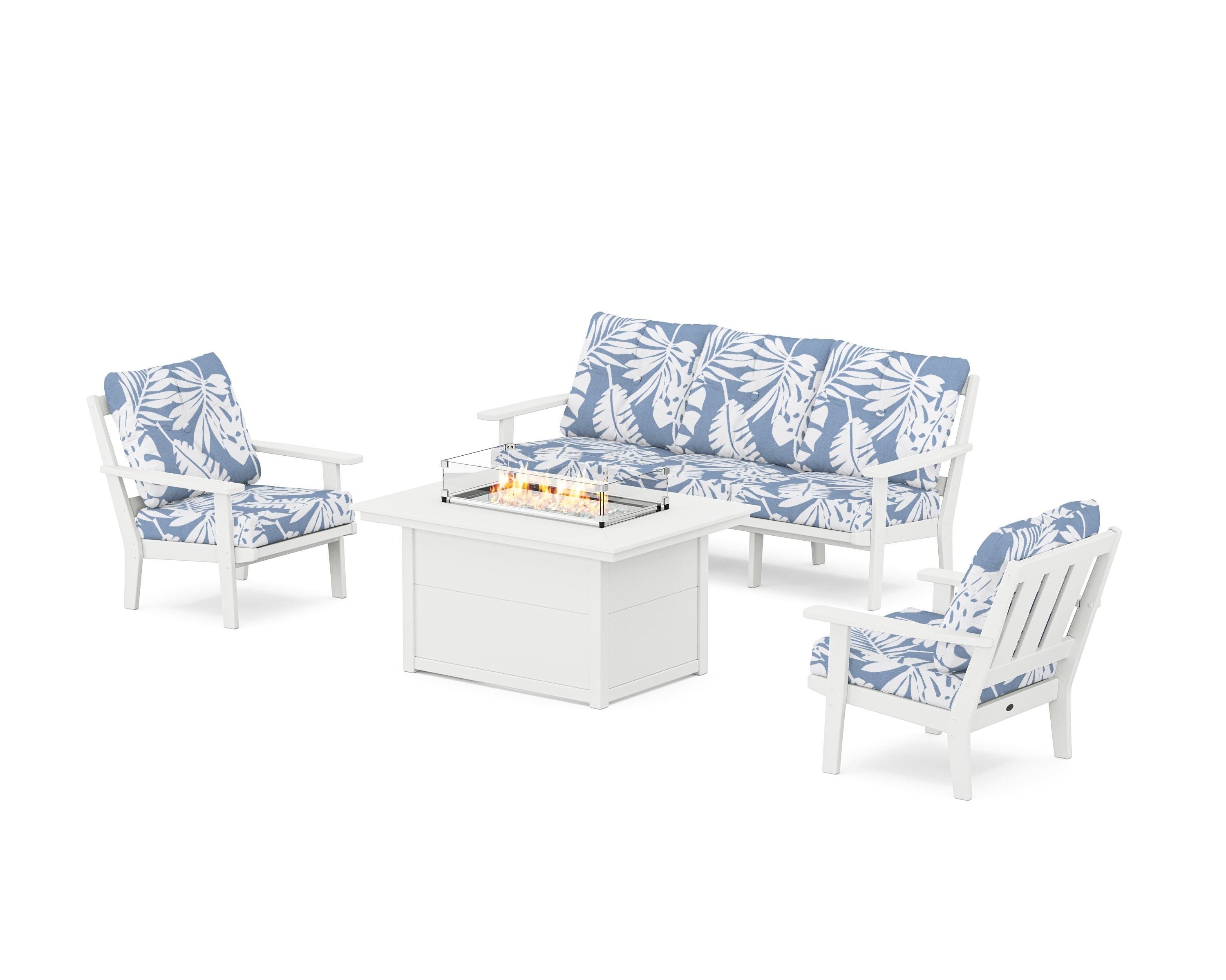 POLYWOOD Oxford Deep Seating Fire Pit Table Set in White / Leaf Sky Blue