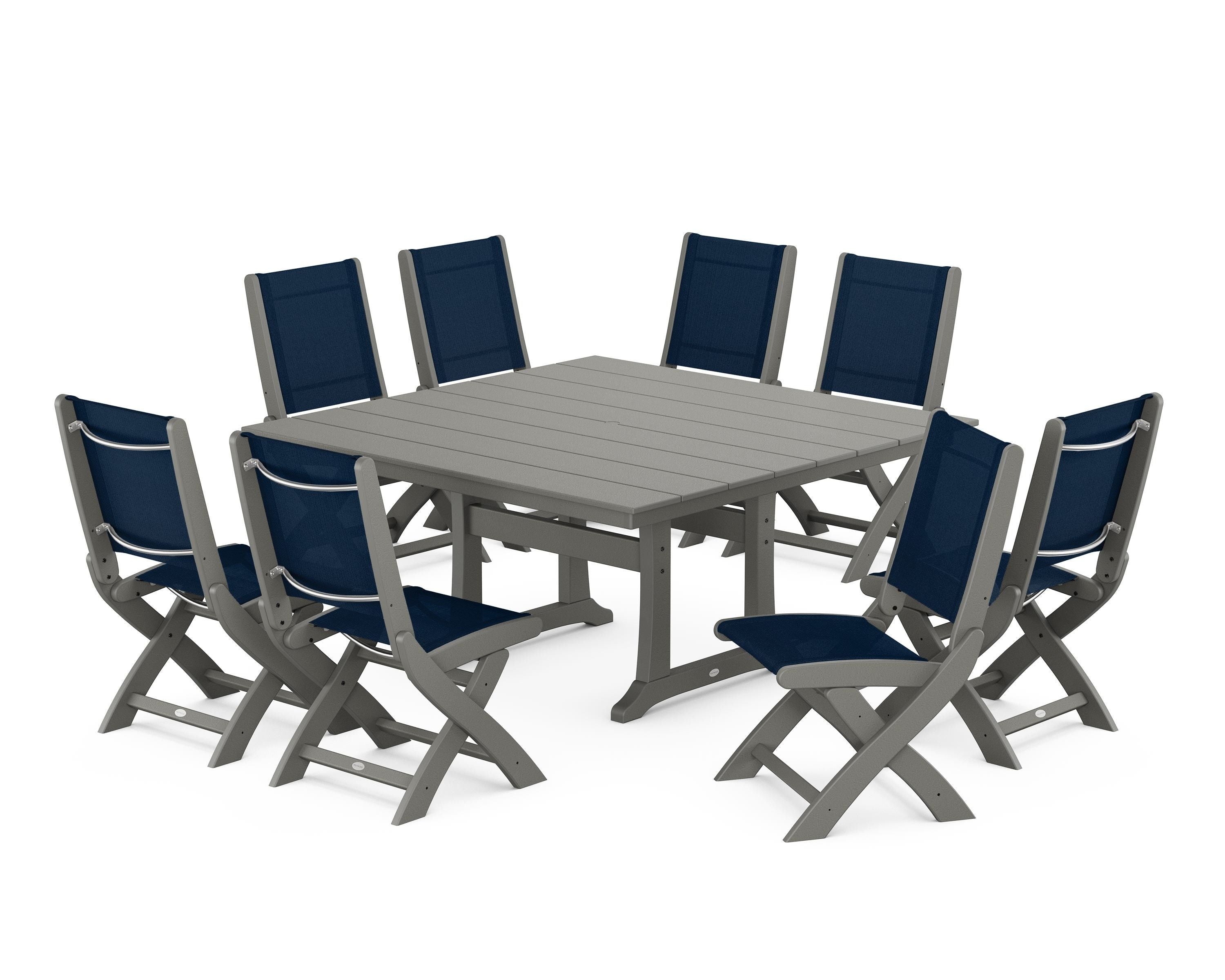 POLYWOOD Coastal Folding Side Chair 9-Piece Farmhouse Dining Set in Slate Grey / Navy Blue Sling