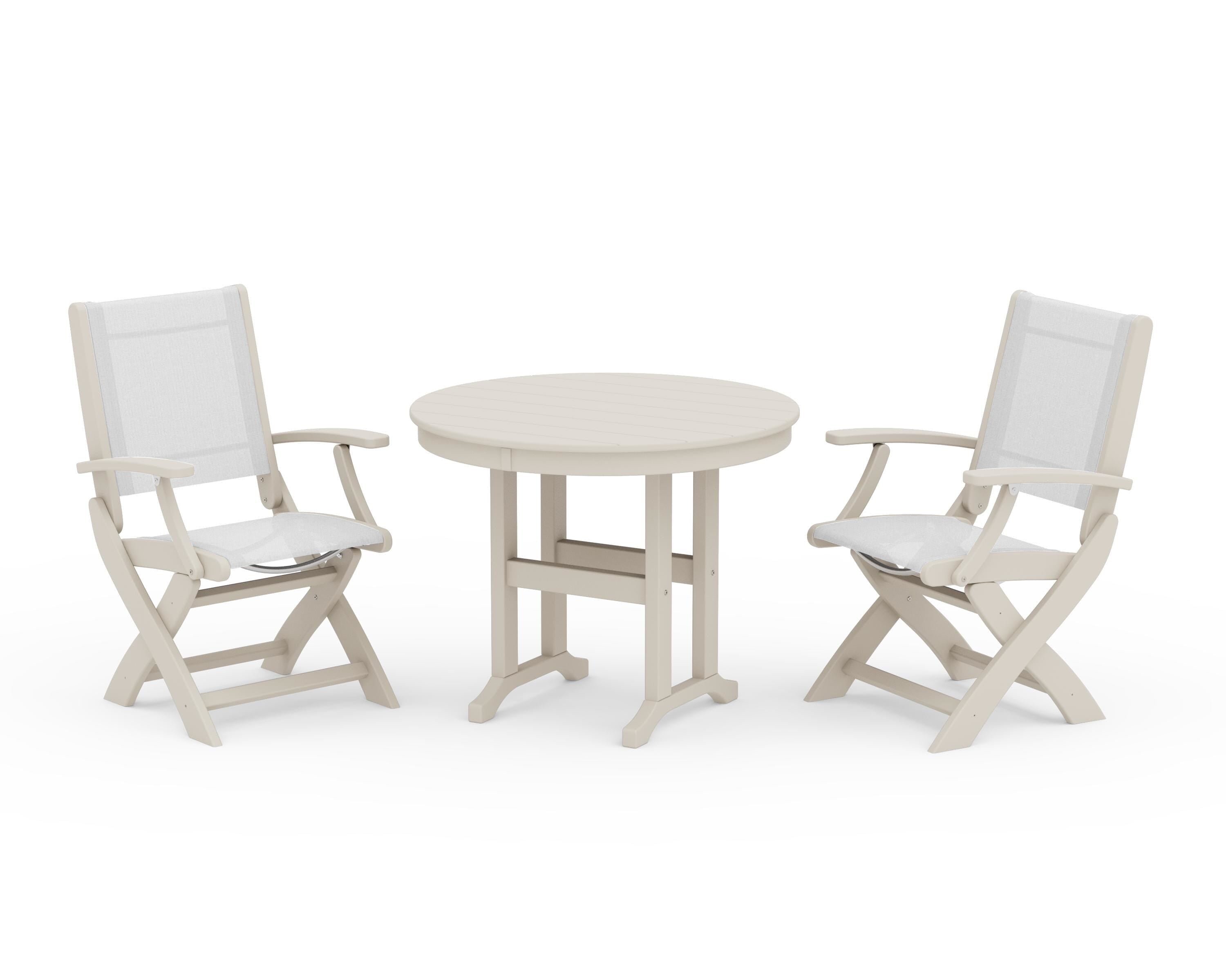 POLYWOOD Coastal Folding Chair 3-Piece Round Dining Set in Sand / White Sling