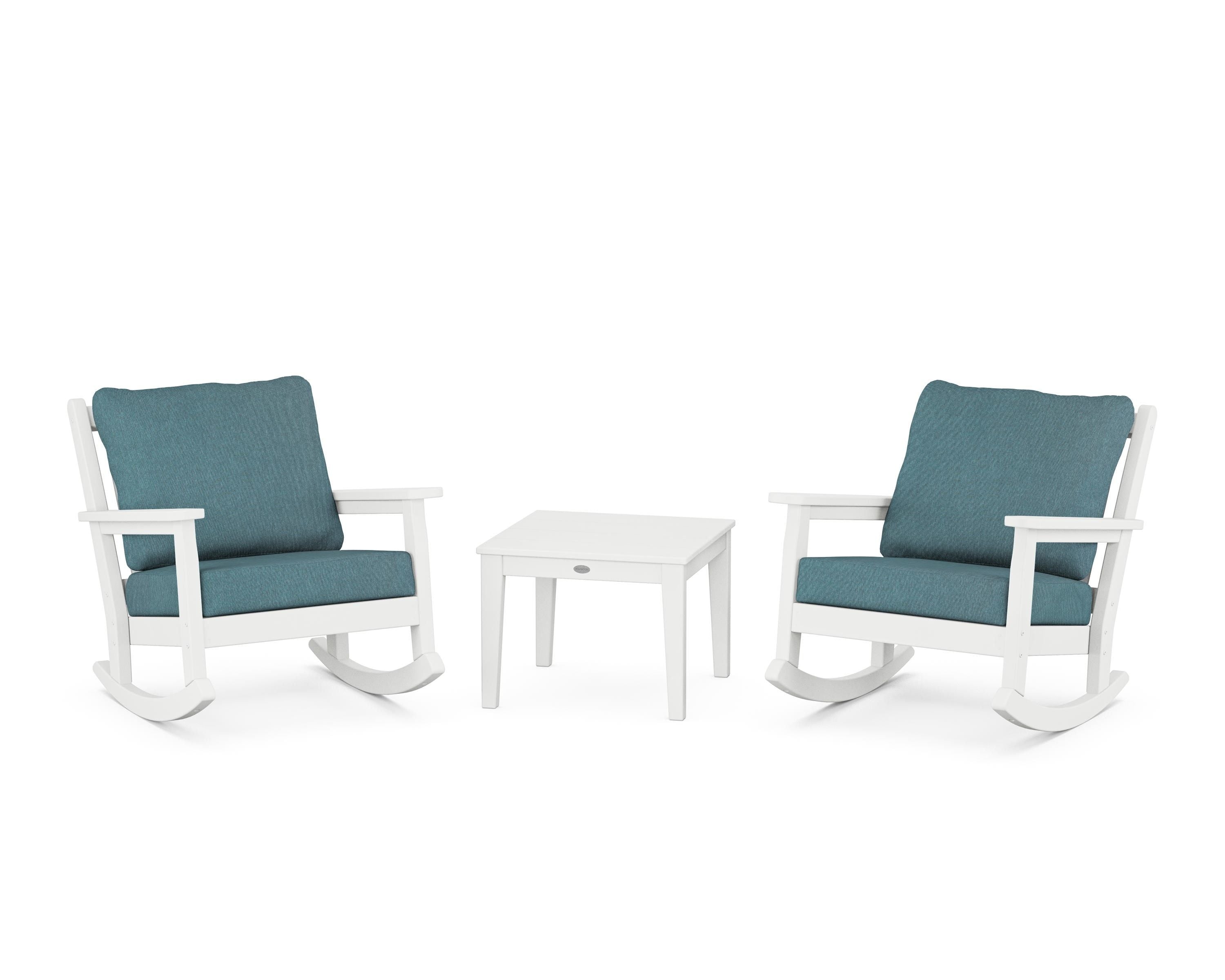 POLYWOOD Chippendale 3-Piece Deep Seating Rocker Set in White / Ocean Teal