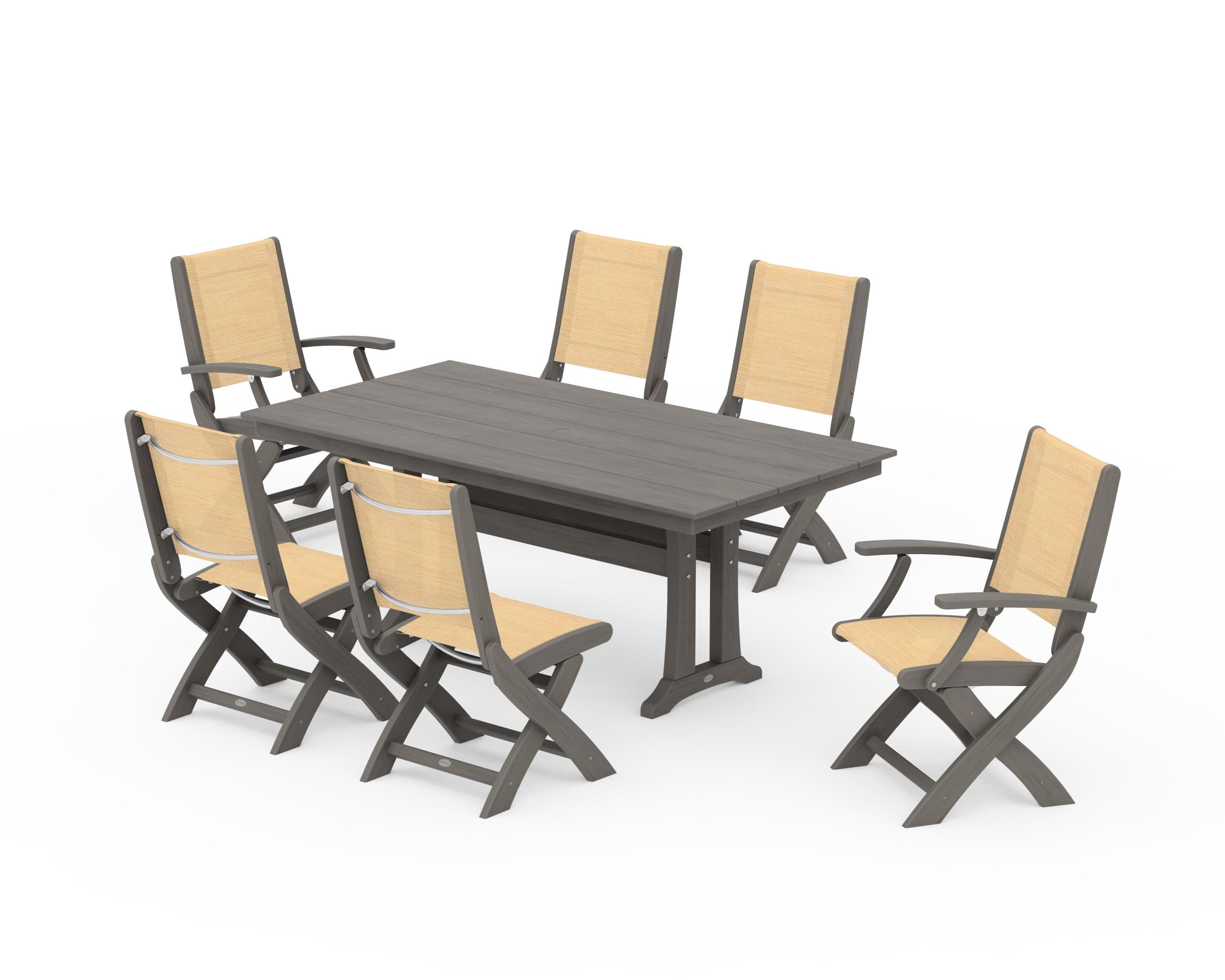 POLYWOOD Coastal Folding Chair 7-Piece Farmhouse Dining Set with Trestle Legs in Driftwood / Dupioni Apricot Sling