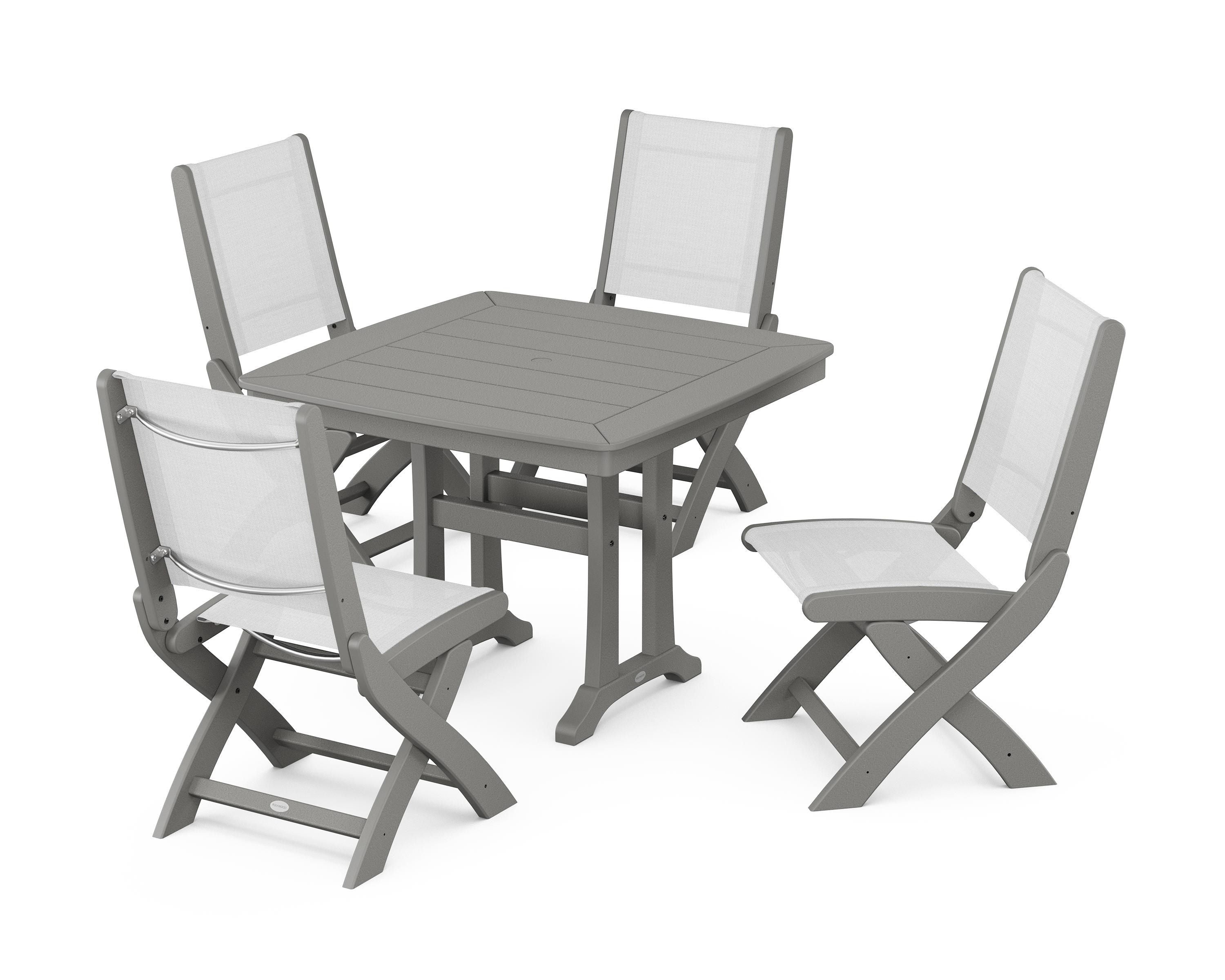 POLYWOOD Coastal Folding Side Chair 5-Piece Dining Set with Trestle Legs in Slate Grey / White Sling