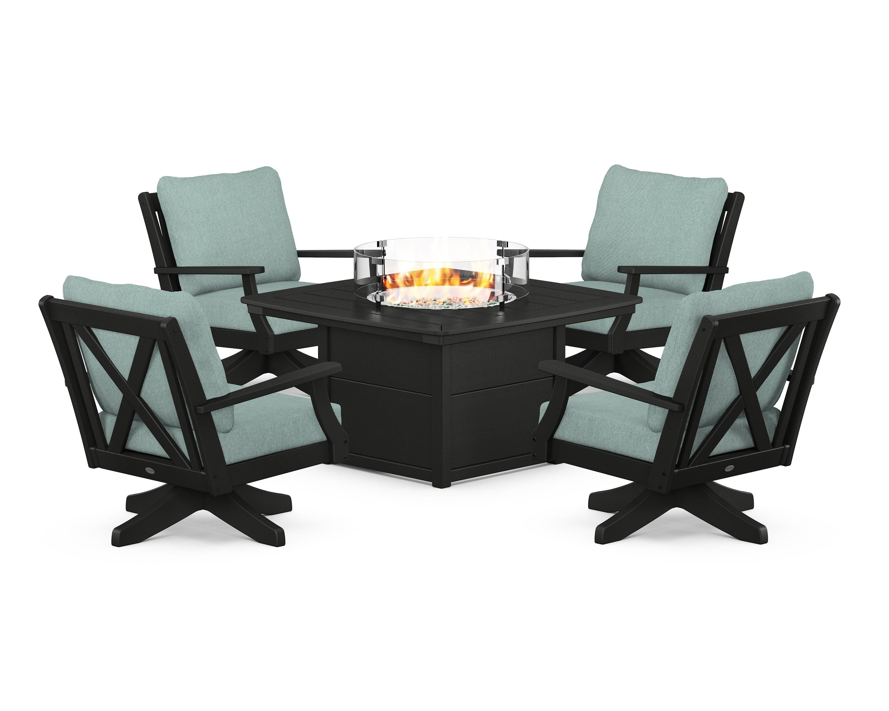 POLYWOOD Braxton 5-Piece Deep Seating Swivel Conversation Set with Fire Pit Table in Black / Glacier Spa