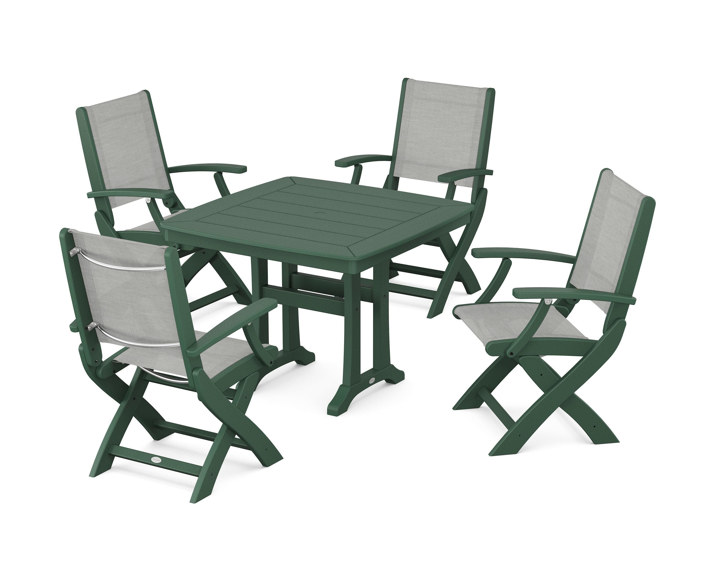 POLYWOOD Coastal Folding Chair 5-Piece Dining Set with Trestle Legs in Green / Metallic Sling