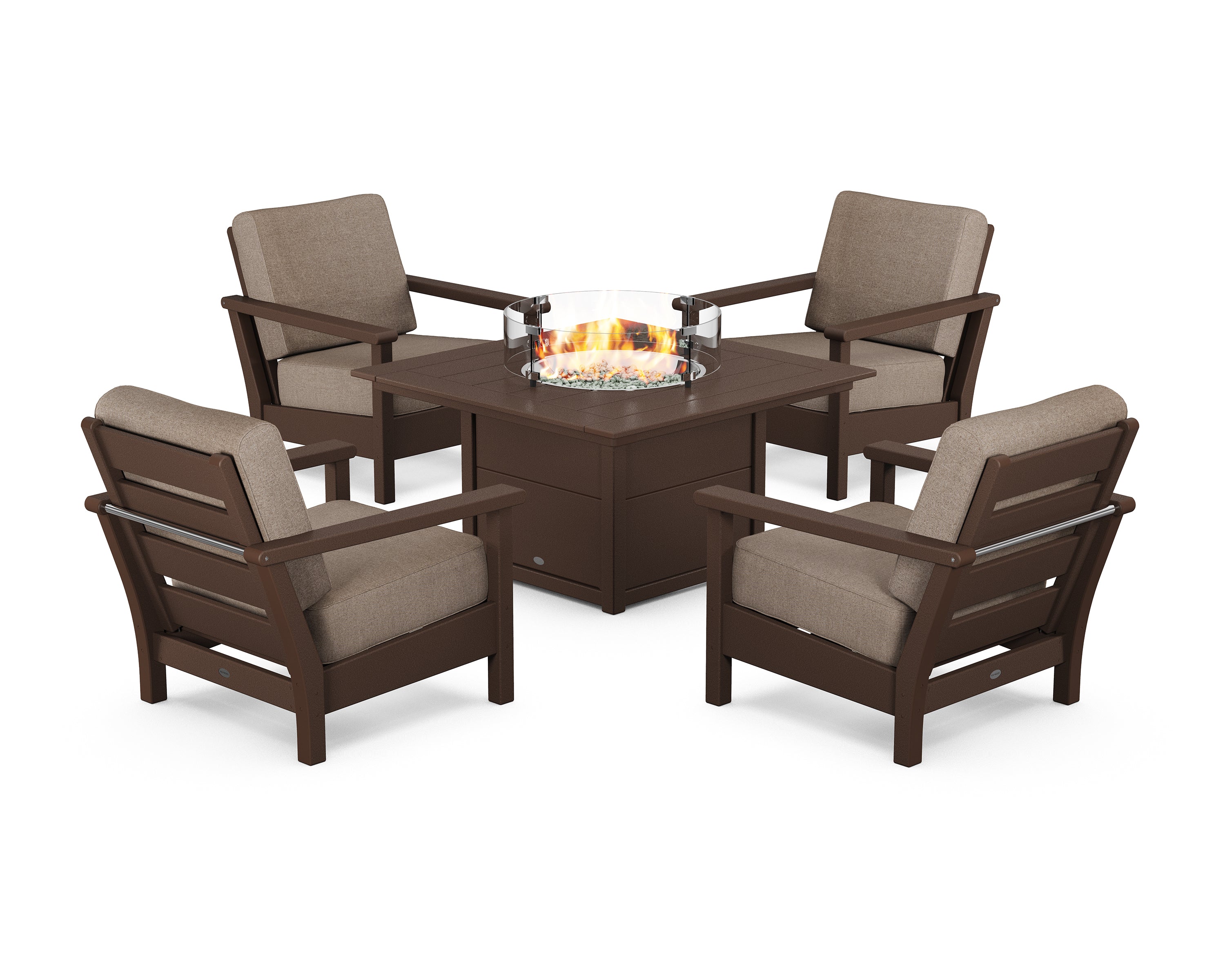 POLYWOOD Harbour 5-Piece Conversation Set with Fire Pit Table in Mahogany / Spiced Burlap