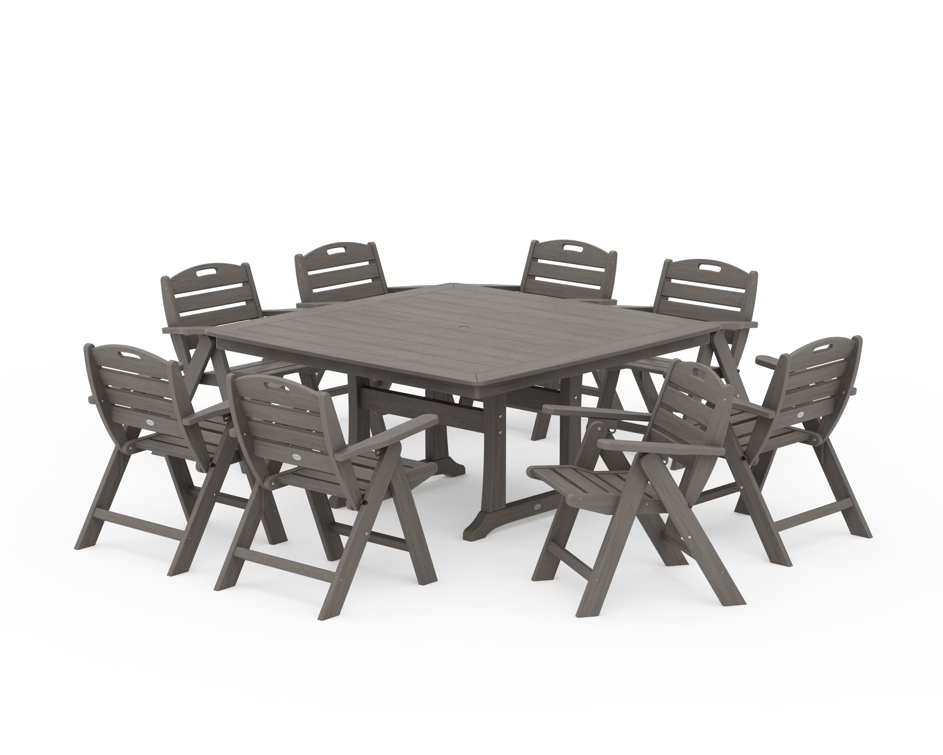 POLYWOOD Nautical Lowback 9-Piece Square Dining Set with Trestle Legs in Driftwood