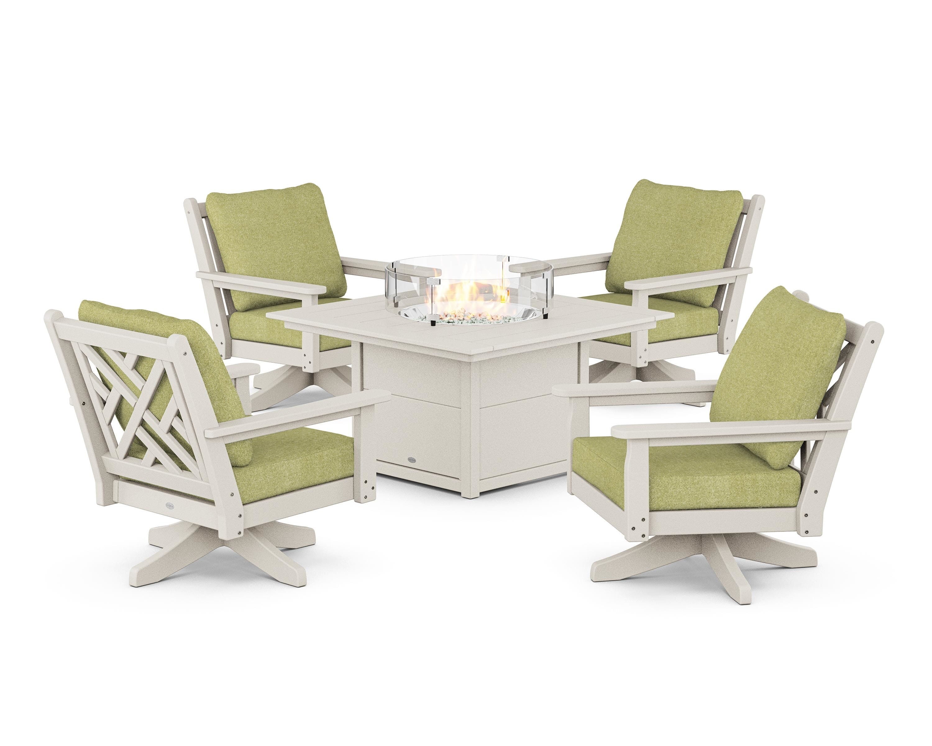 POLYWOOD Chippendale 5-Piece Deep Seating Swivel Conversation Set with Fire Pit Table in Sand / Chartreuse Boucle