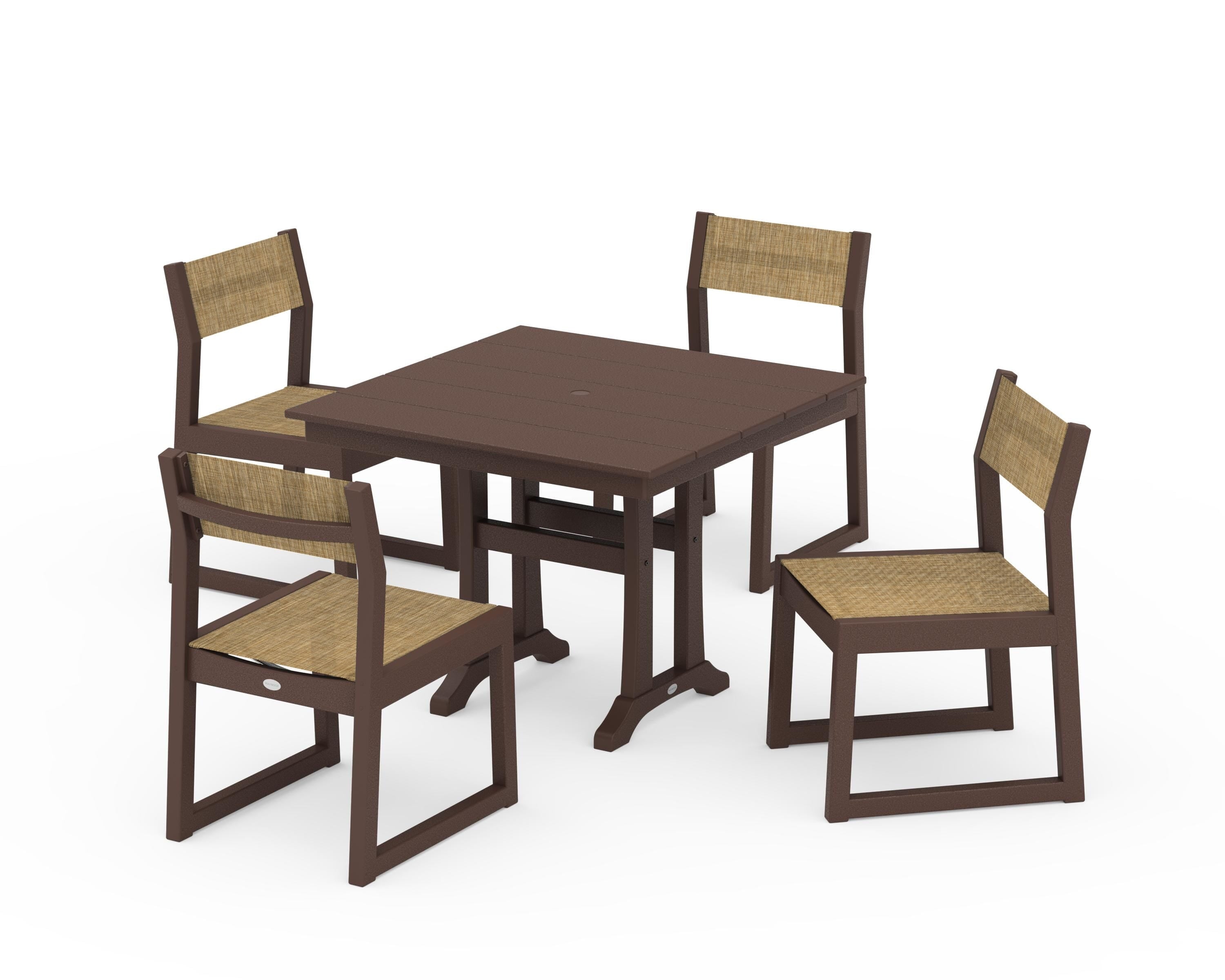 POLYWOOD EDGE Sling 5-Piece Farmhouse Trestle Side Chair Dining Set in Mahogany / Burlap Sling