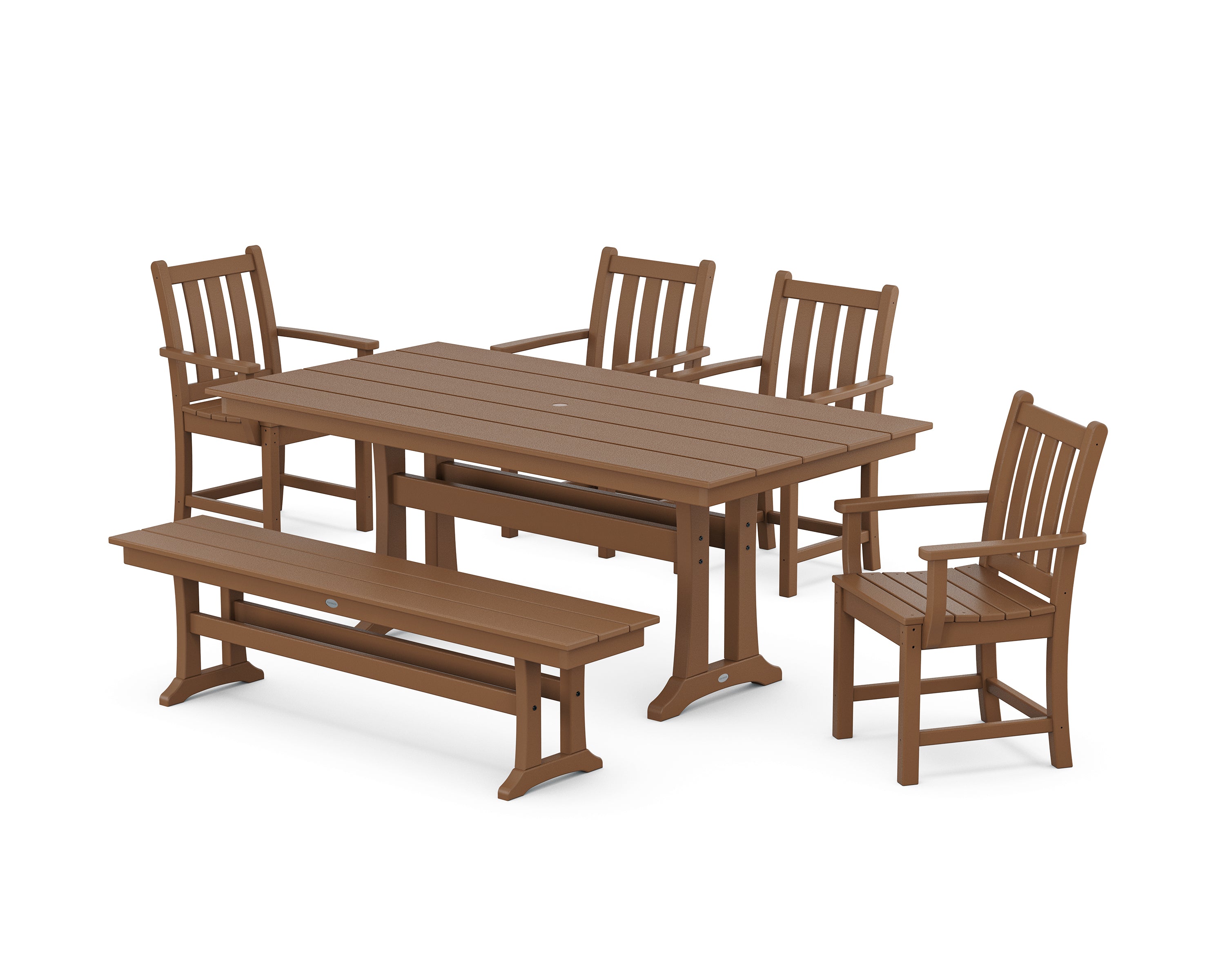 POLYWOOD® Traditional Garden Arm Chair 6-Piece Farmhouse Dining Set with Trestle Legs and Bench in Teak