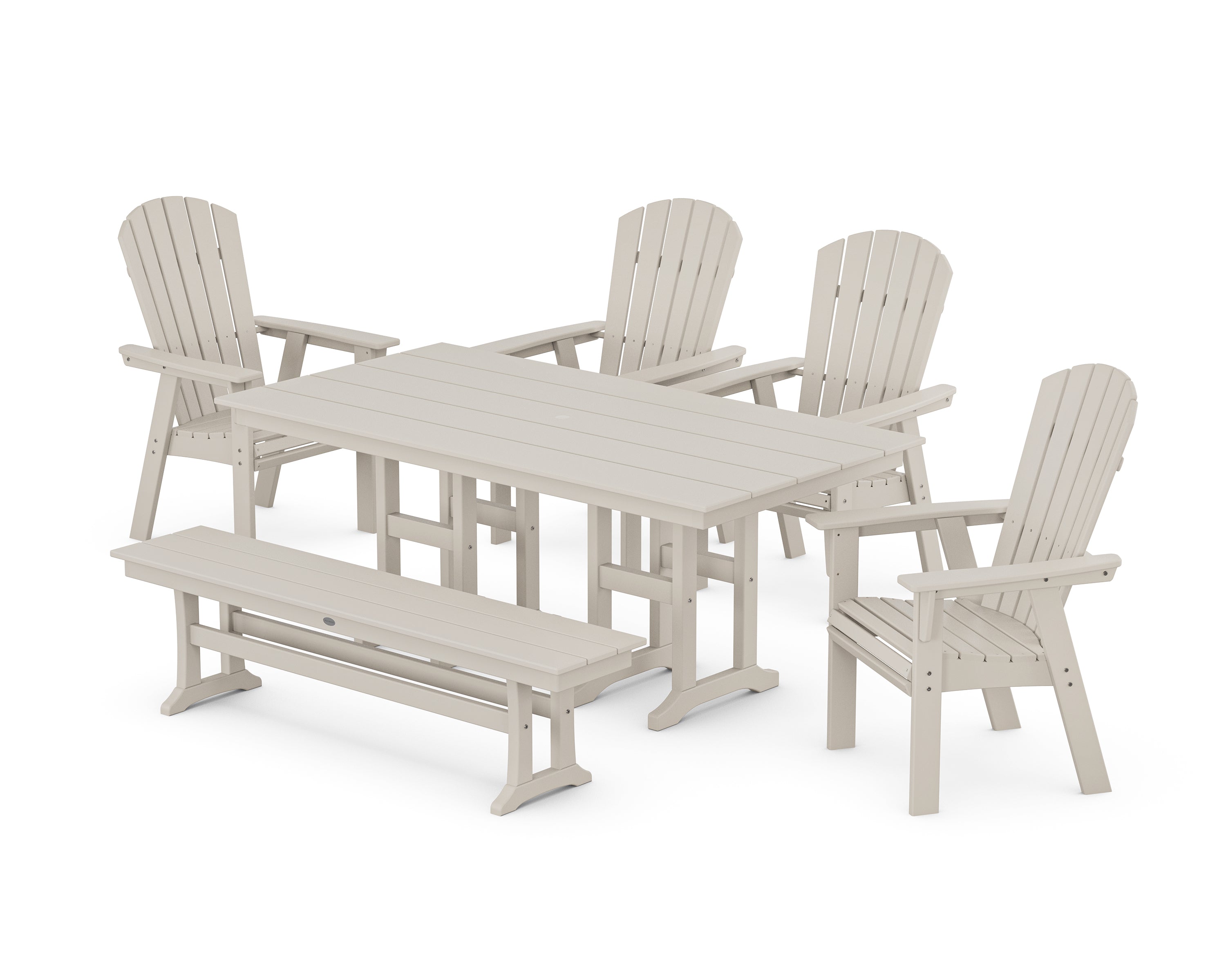 POLYWOOD Nautical Curveback Adirondack 6-Piece Farmhouse Dining Set with Bench in Sand
