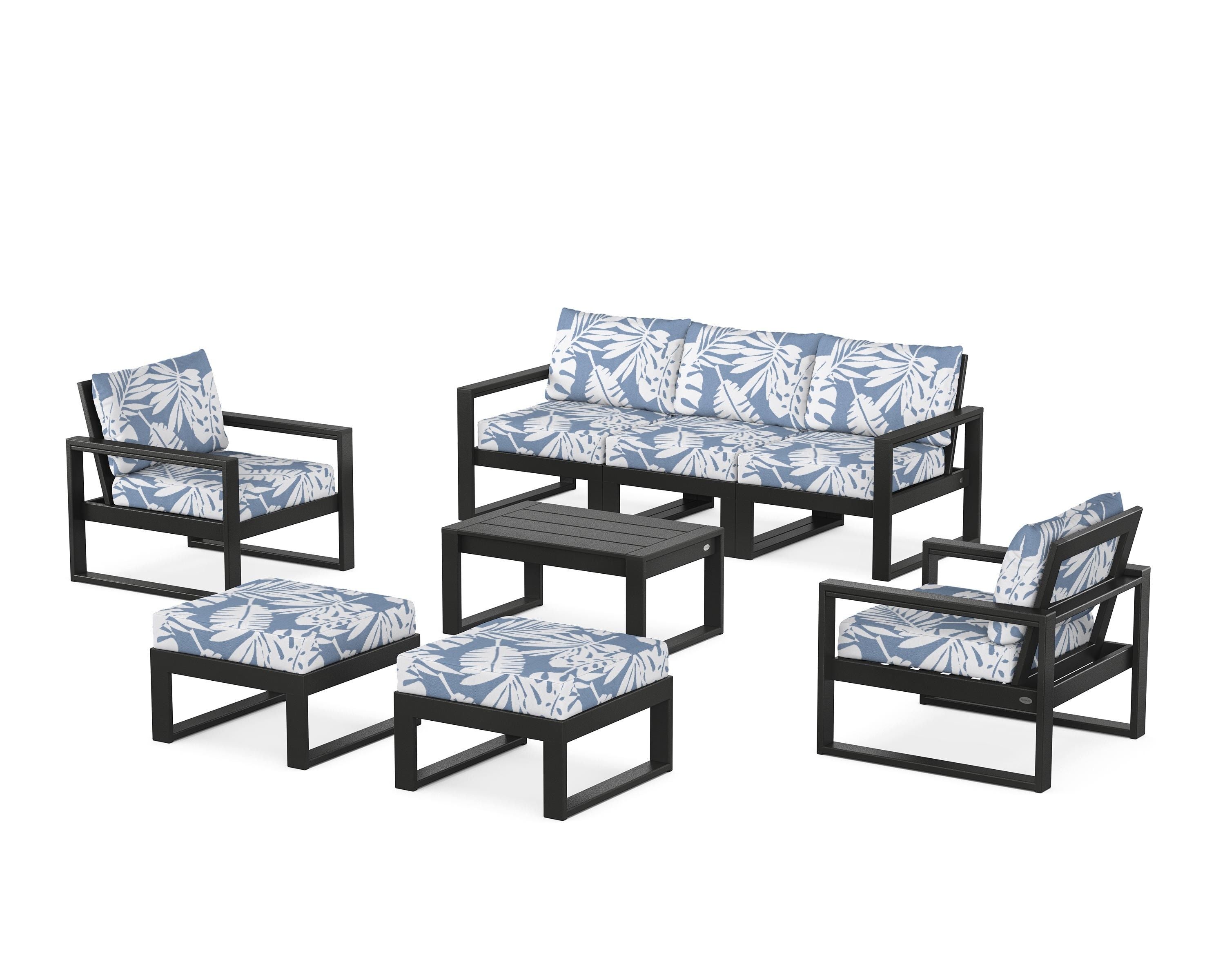 POLYWOOD EDGE Sectional 8-Piece Lounge Sofa Set in Black / Leaf Sky Blue