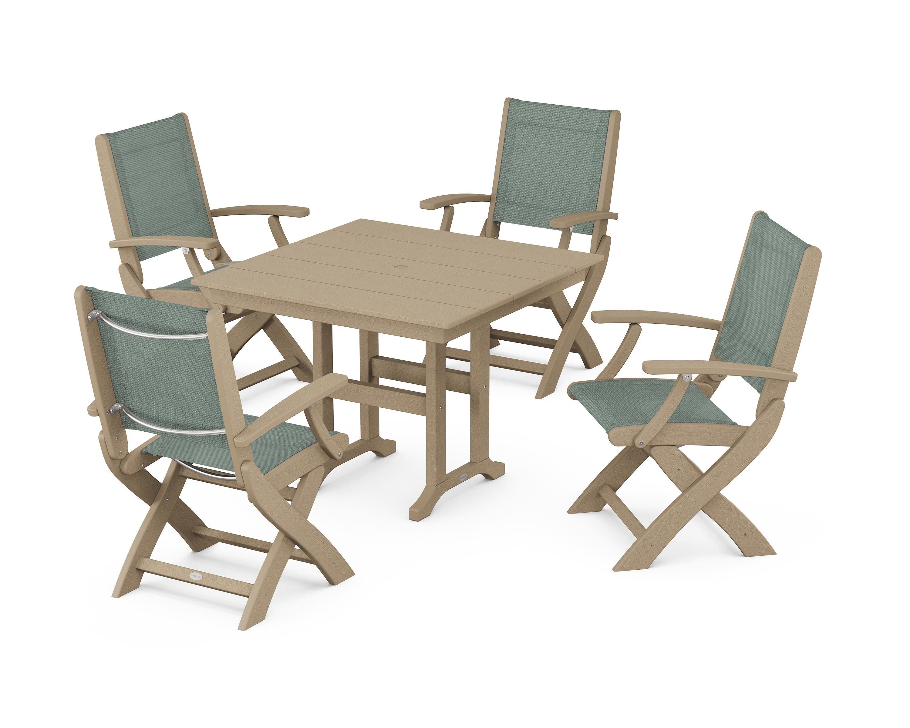 POLYWOOD Coastal Folding Chair 5-Piece Farmhouse Dining Set in Vintage Sahara / Dupioni Sea Mist Sling