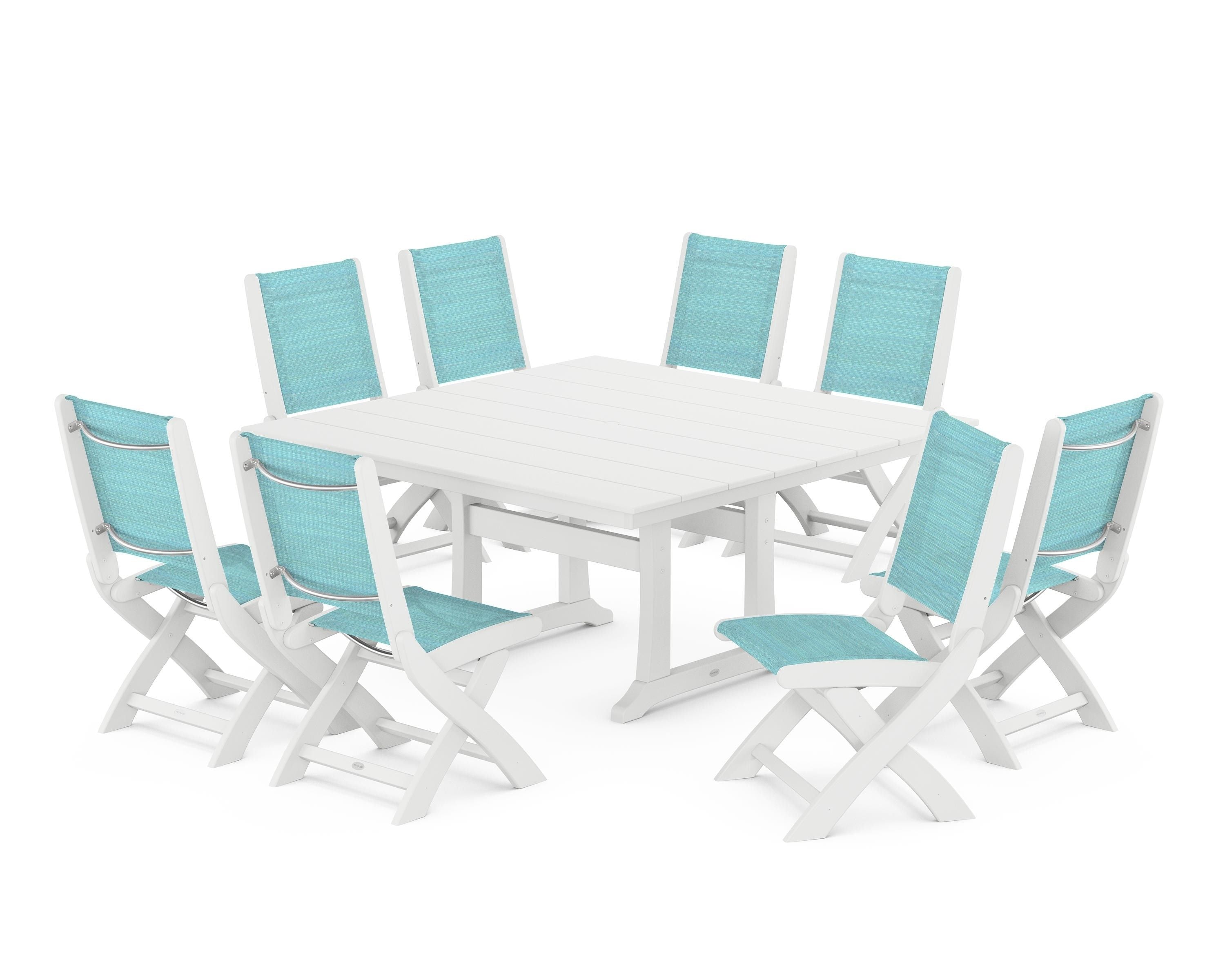 POLYWOOD Coastal Folding Side Chair 9-Piece Farmhouse Dining Set in White / Dupioni Aquamarine Sling