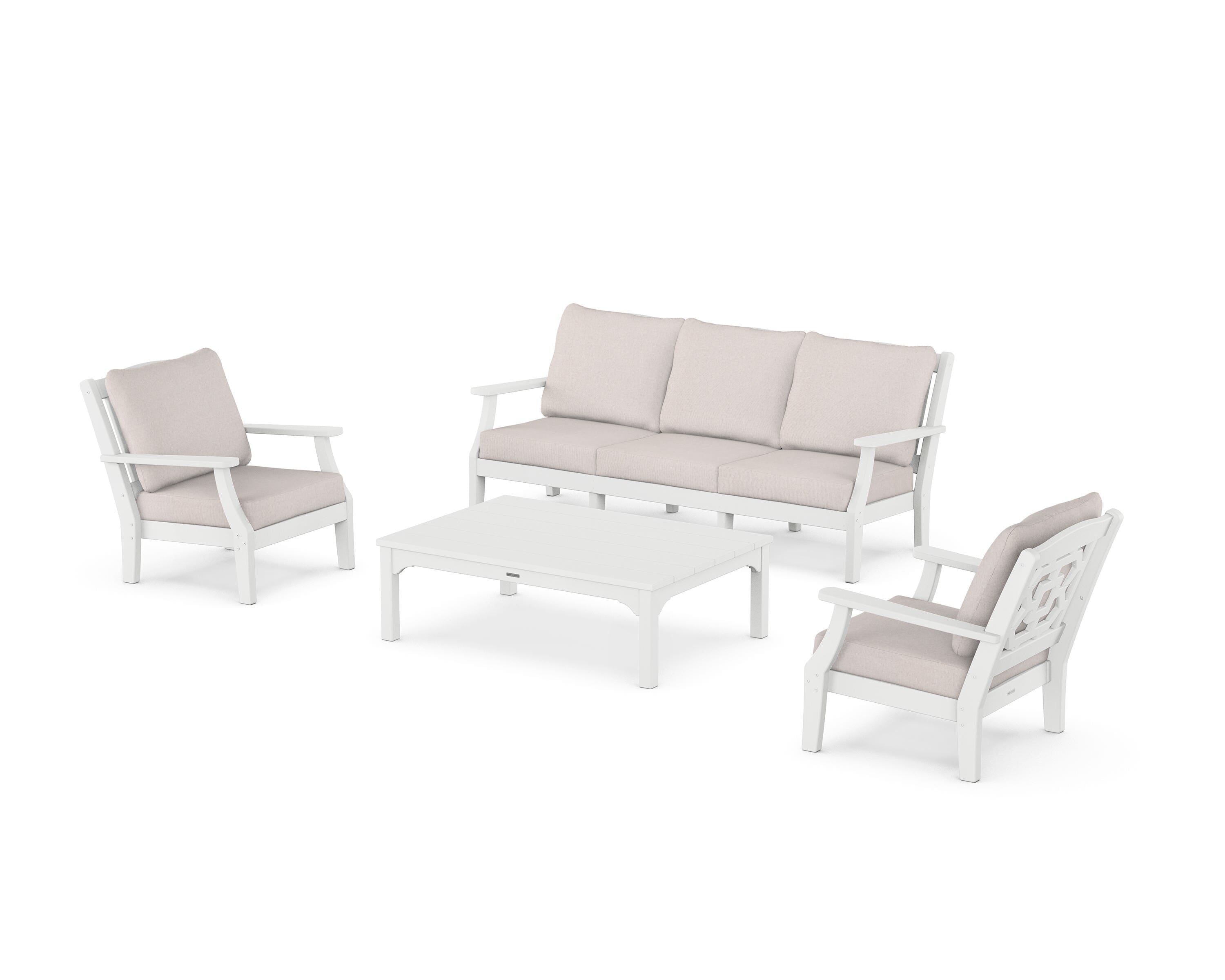 Martha Stewart by POLYWOOD Chinoiserie 4-Piece Deep Seating Set with Sofa in White / Dune Burlap