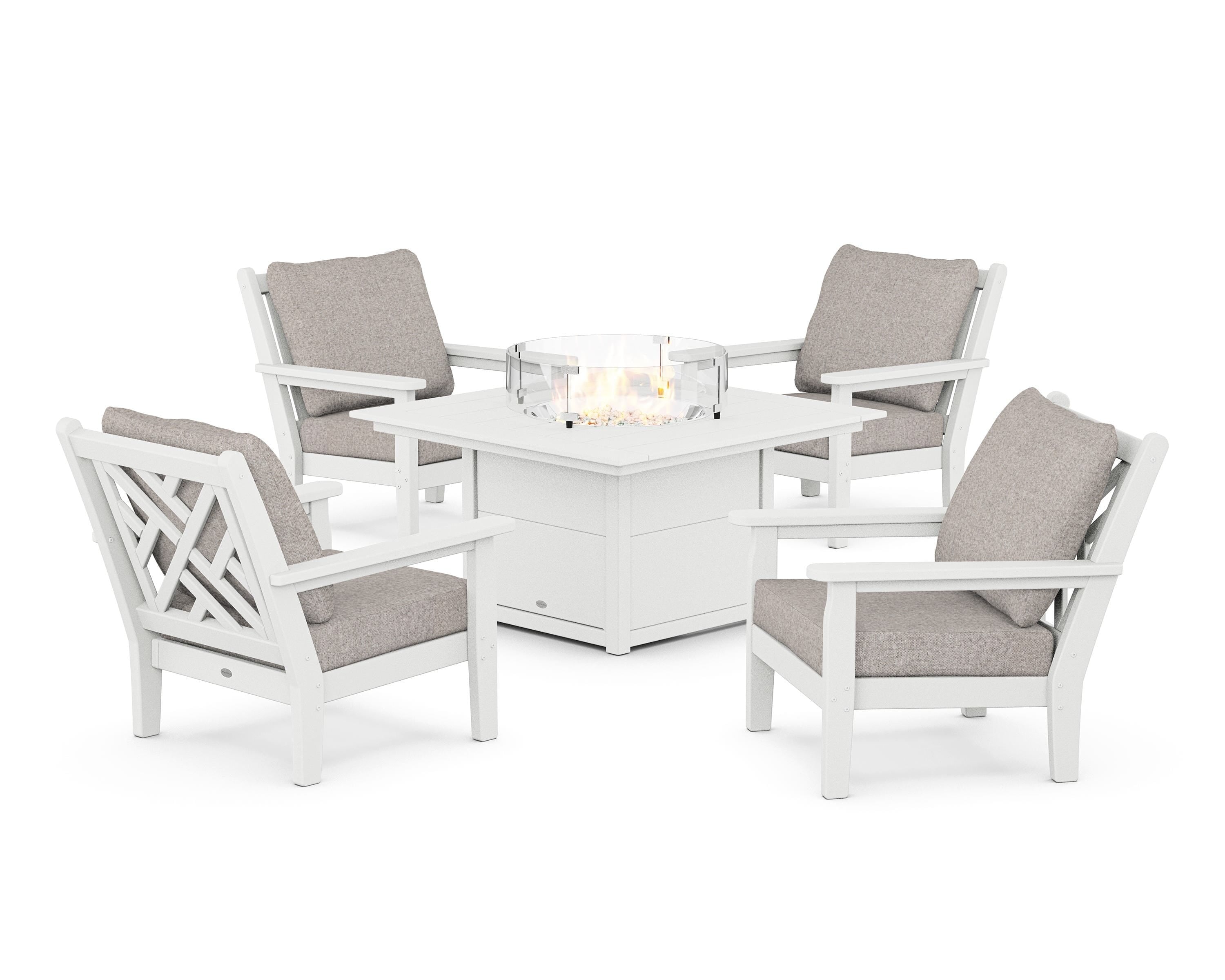 POLYWOOD Chippendale 5-Piece Deep Seating Set with Fire Pit Table in White / Weathered Tweed