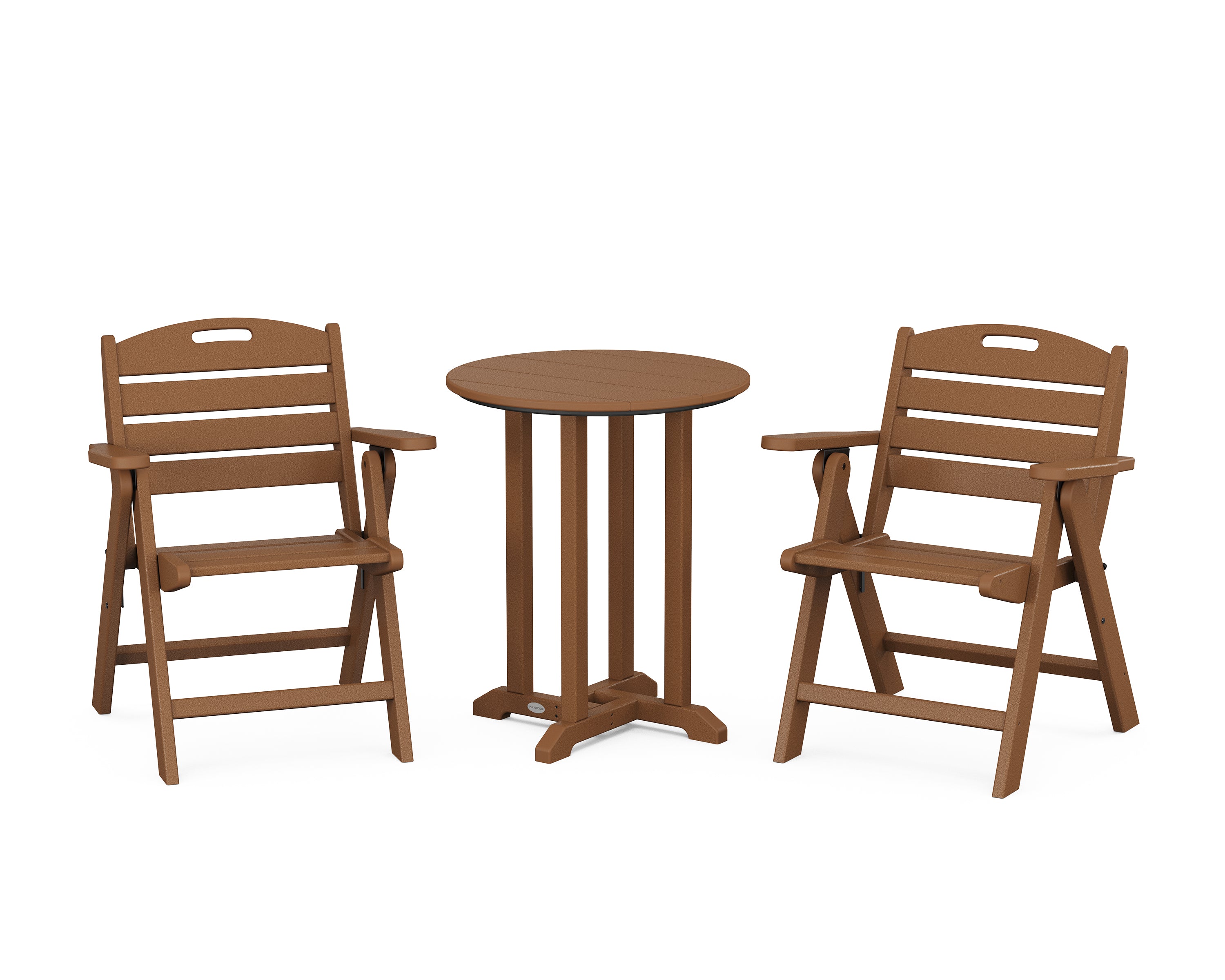 POLYWOOD Nautical Folding Lowback Chair 3-Piece Round Bistro Dining Set in Teak
