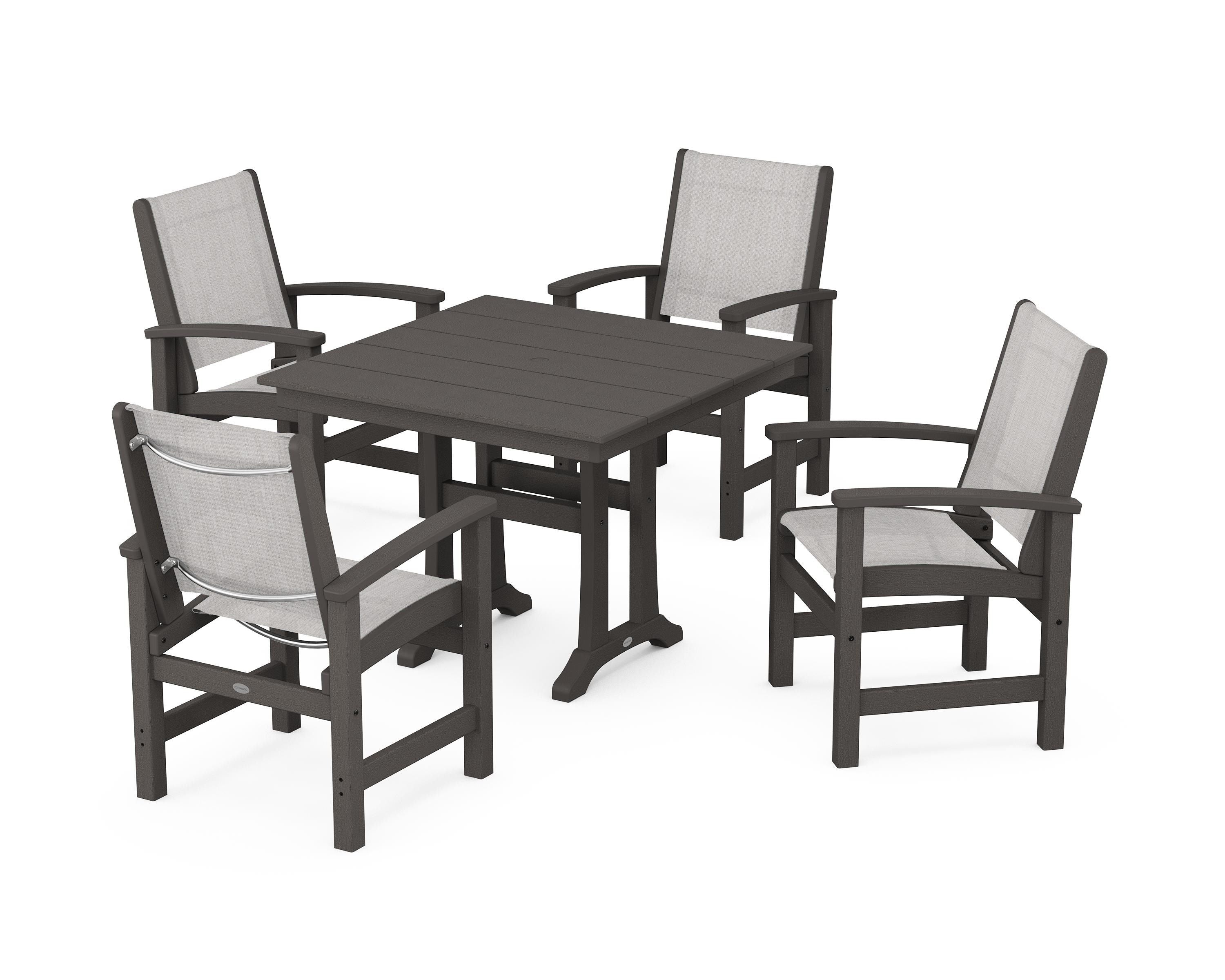 POLYWOOD Coastal 5-Piece Farmhouse Dining Set With Trestle Legs in Vintage Coffee / Parchment Sling