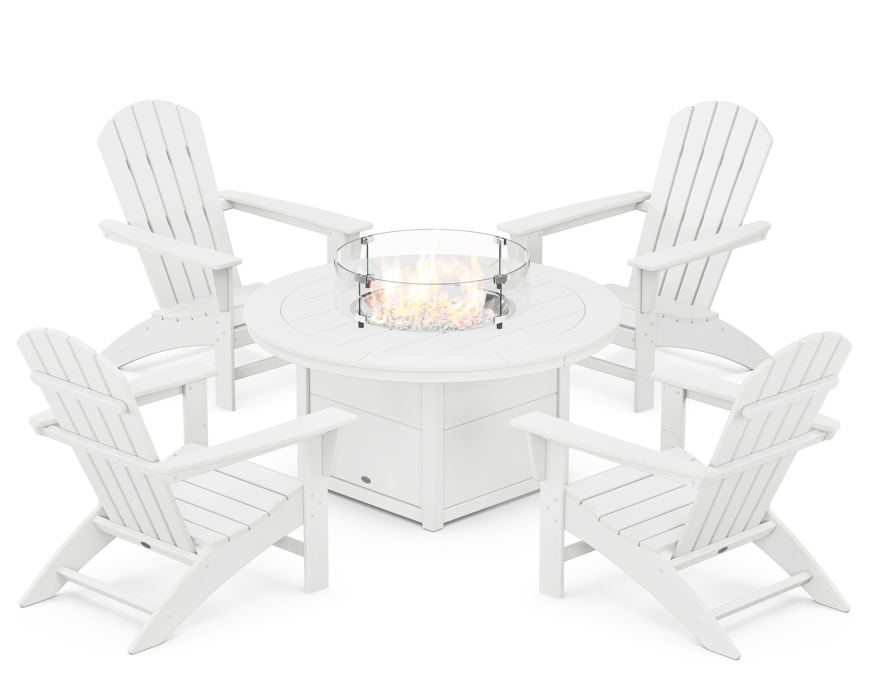 POLYWOOD® Nautical 5-Piece Adirondack Chair Conversation Set with Fire Pit Table in White