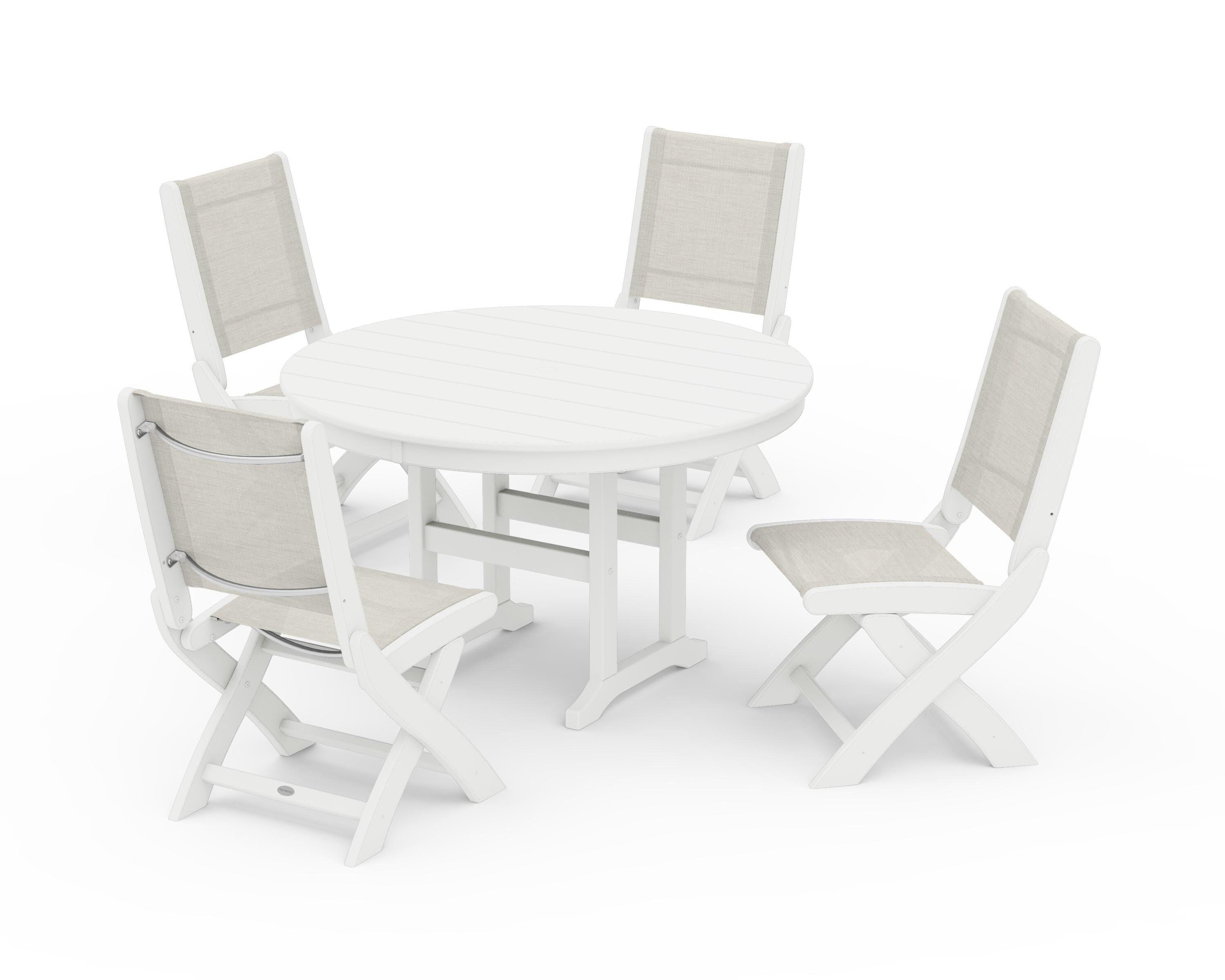 POLYWOOD Coastal Folding Side Chair 5-Piece Round Dining Set in White / Parchment Sling