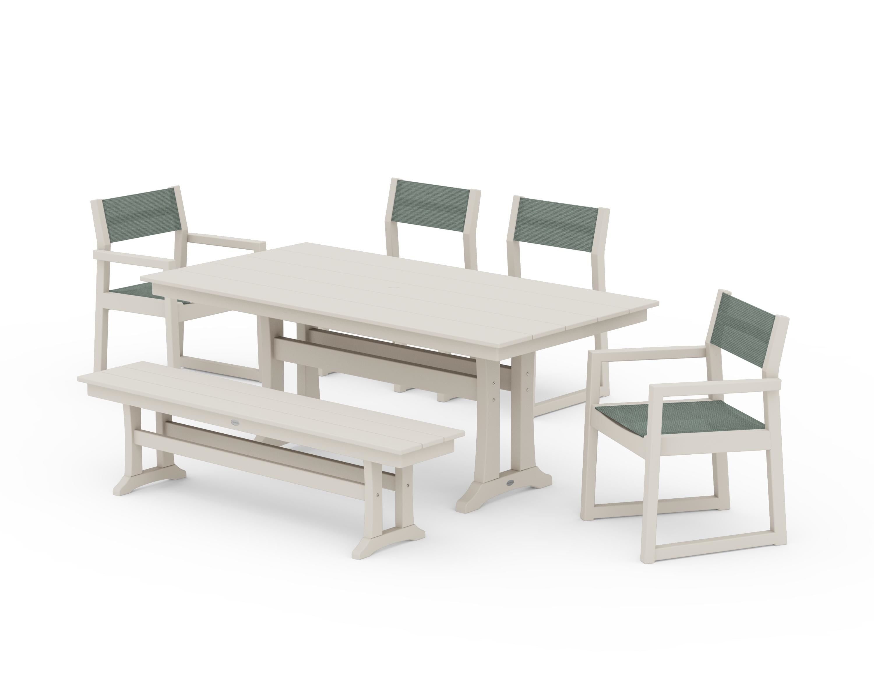 POLYWOOD EDGE Sling 6-Piece Farmhouse Dining Set With Trestle Legs in Sand / Dupioni Sea Mist Sling