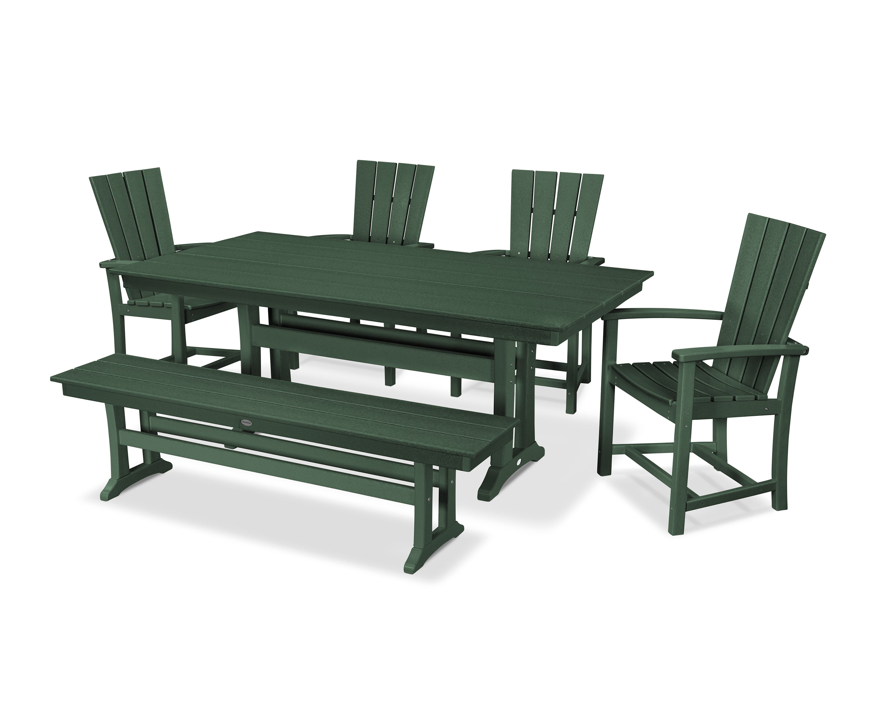 POLYWOOD® Quattro 6-Piece Farmhouse Dining Set with Trestle Legs and Bench in Green