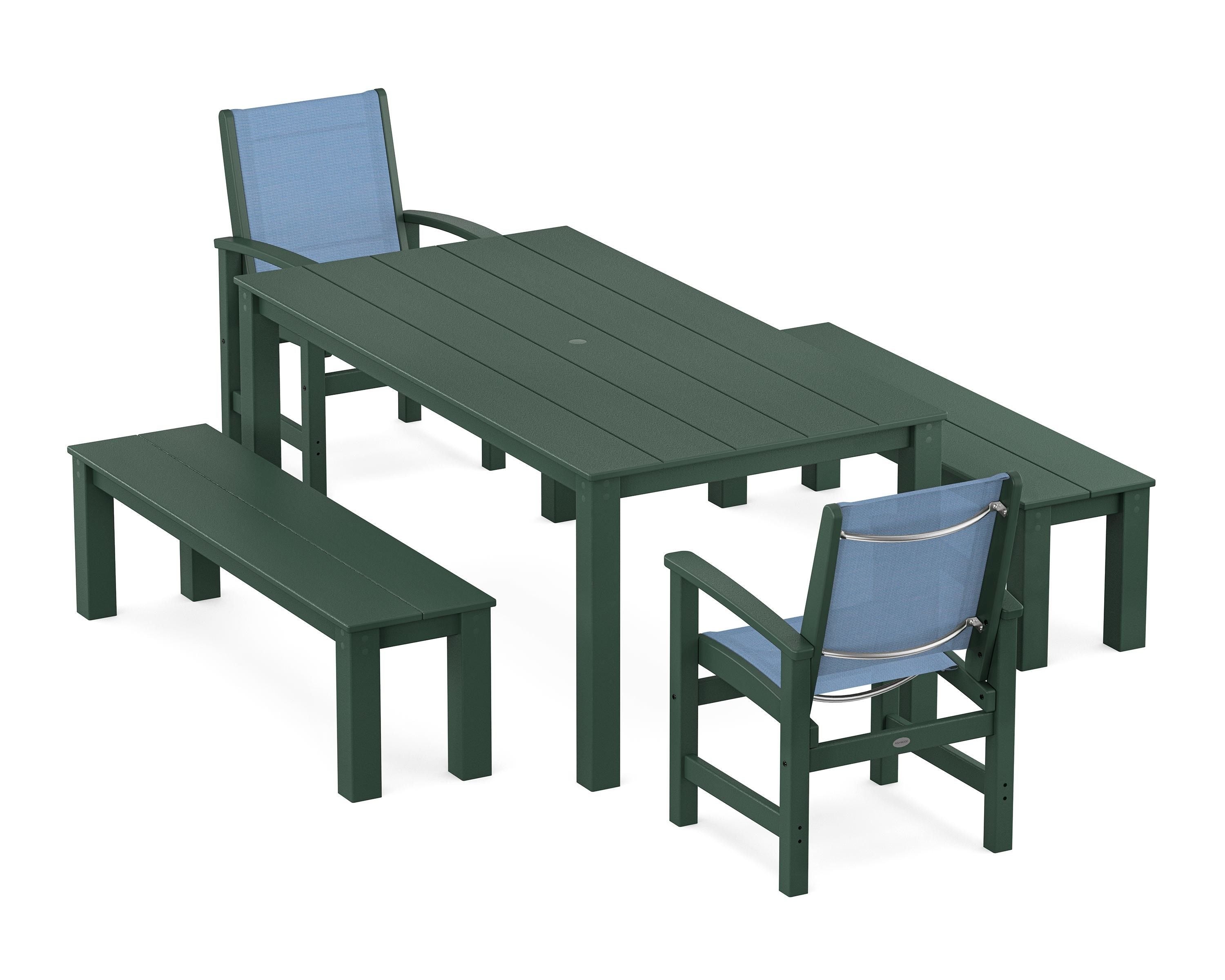 POLYWOOD Coastal 5-Piece Parsons Dining Set with Benches in Green / Poolside Sling