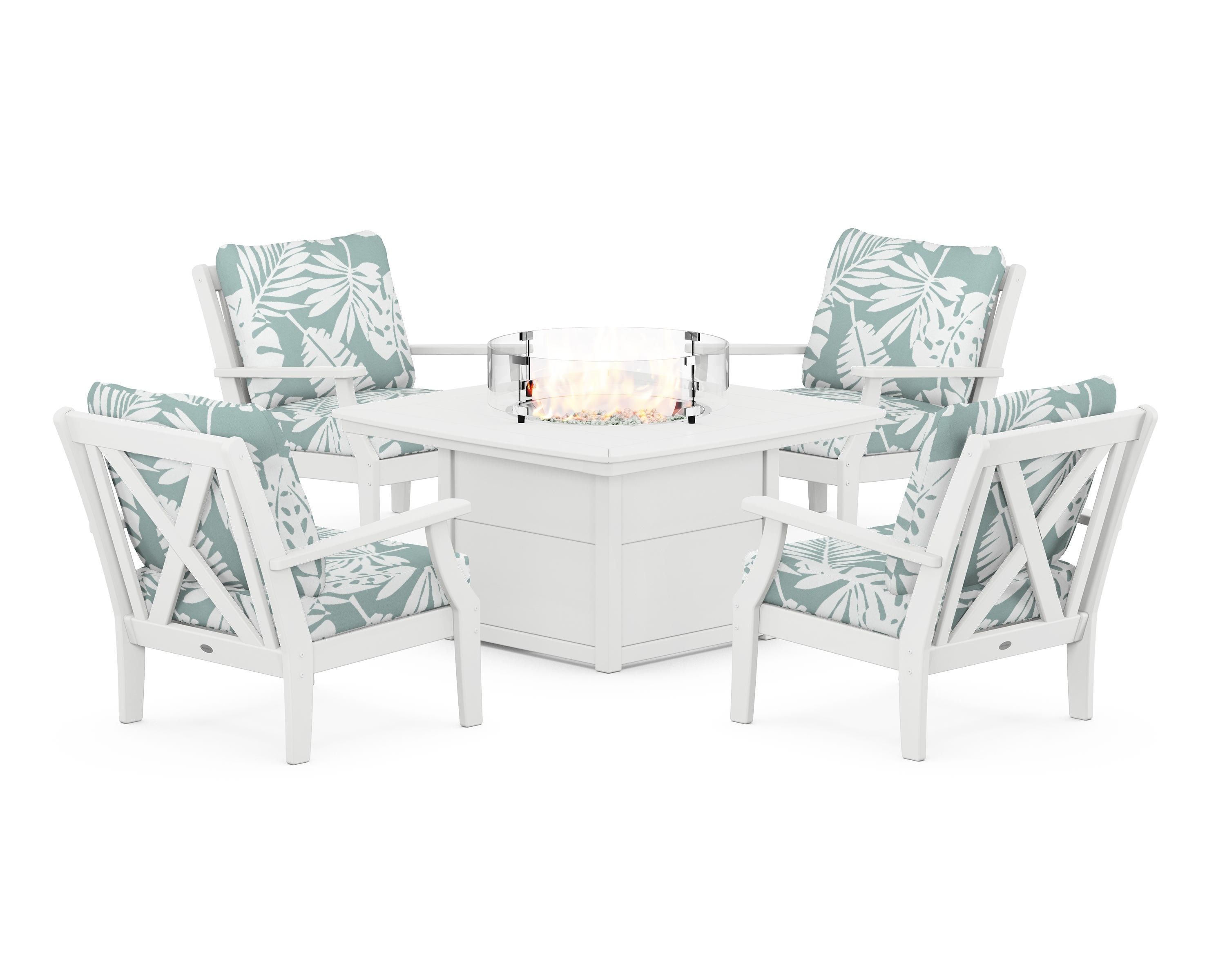 POLYWOOD Braxton 5-Piece Deep Seating Conversation Set with Fire Pit Table in White / Leaf Glacier Spa