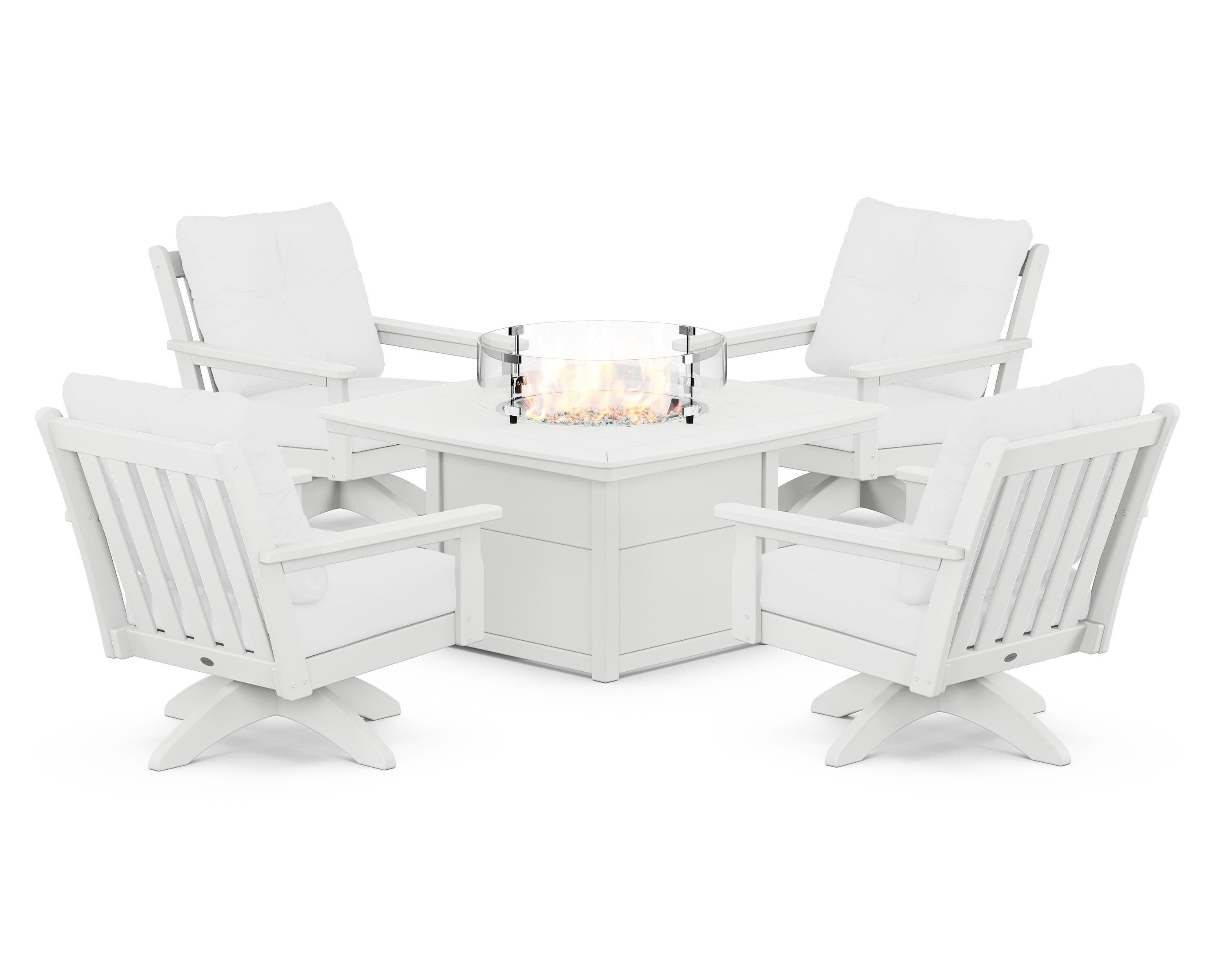 POLYWOOD Vineyard 5-Piece Deep Seating Swivel Conversation Set with Fire Pit Table in White / Natural