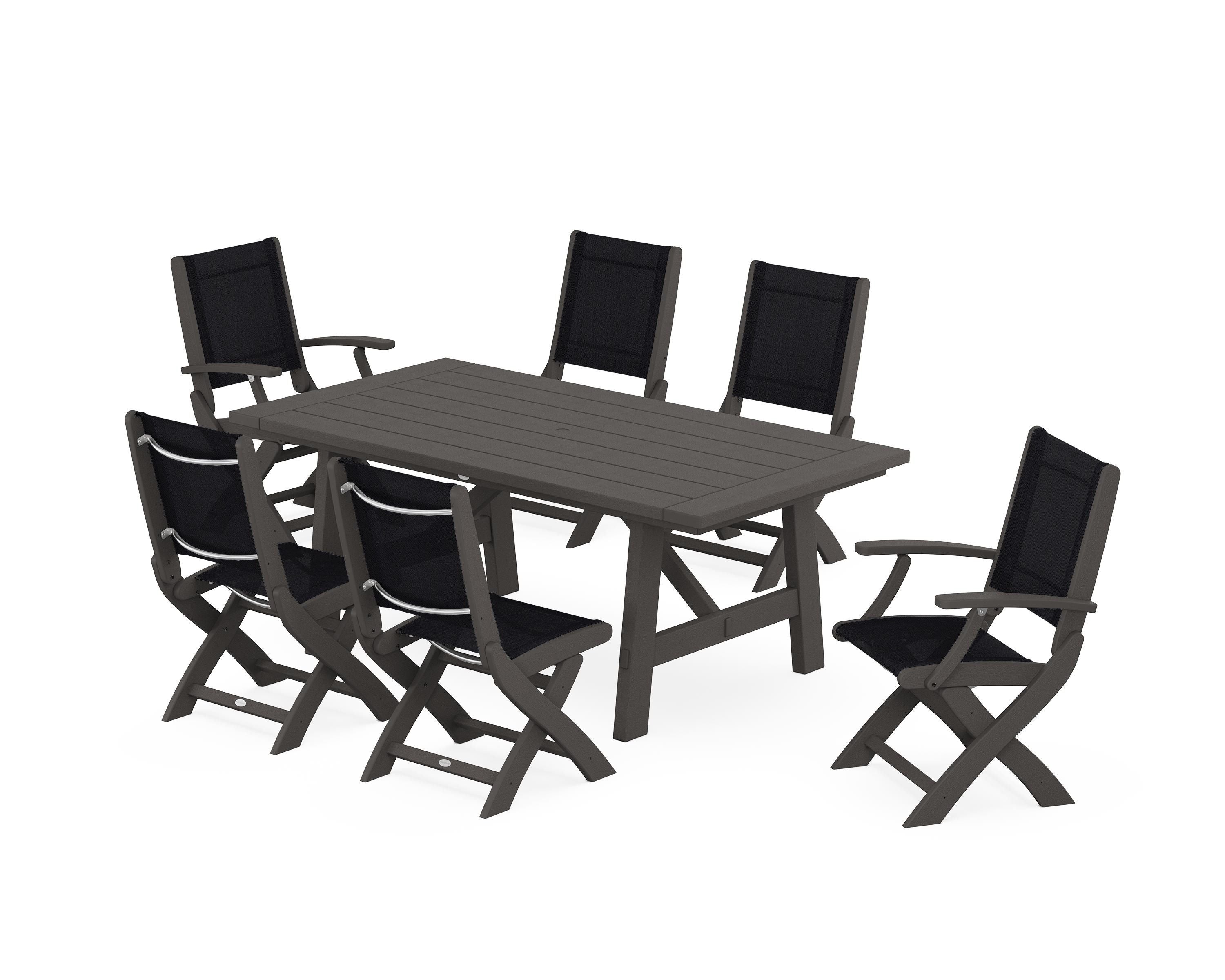 POLYWOOD Coastal Folding Chair 7-Piece Rustic Farmhouse Dining Set in Vintage Coffee / Black Sling