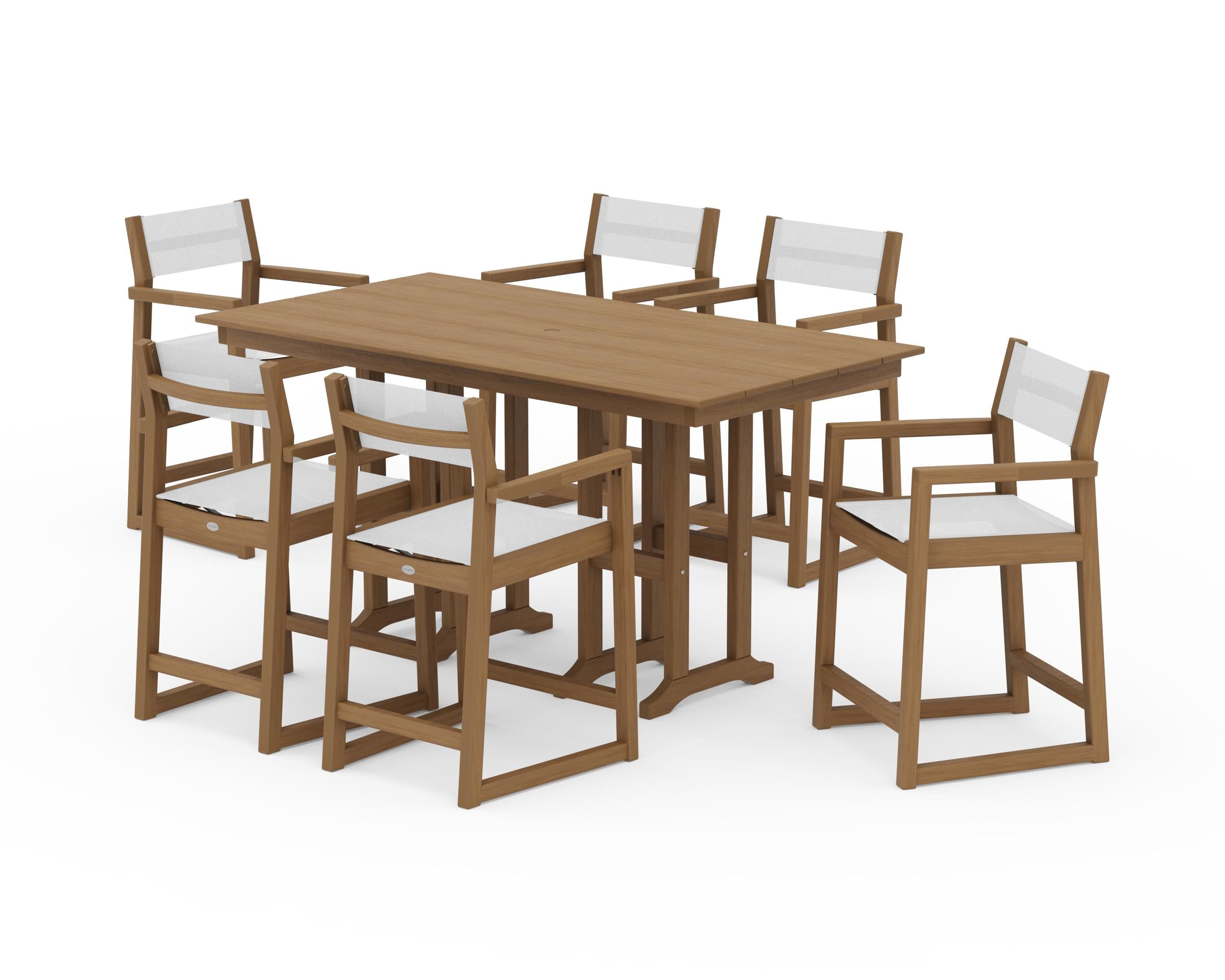 POLYWOOD EDGE Sling Arm Chair 7-Piece Farmhouse Counter Set in Natural / White Sling
