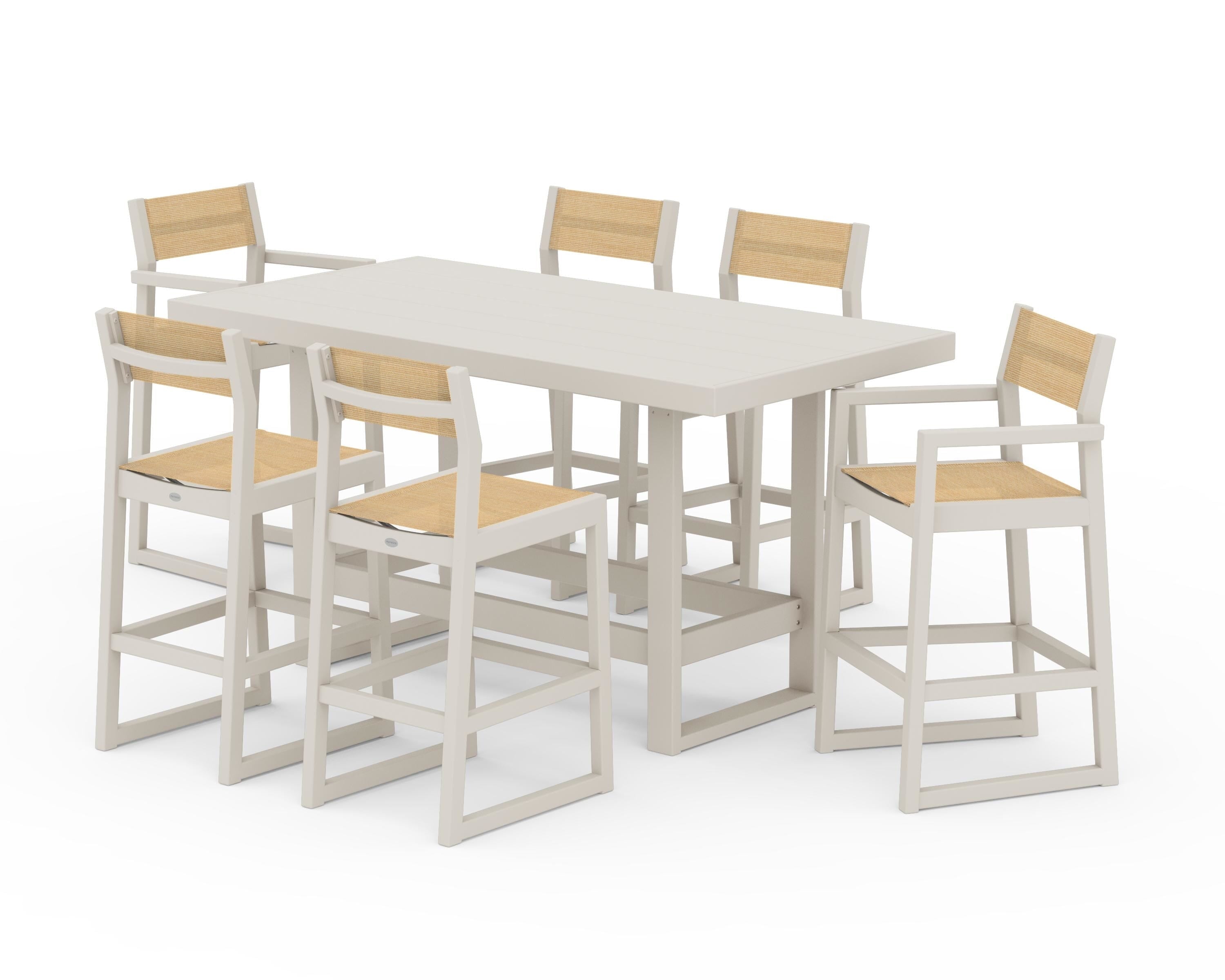 POLYWOOD EDGE Sling 7-Piece Bar Table Set in Sand / Dupioni Apricot Sling