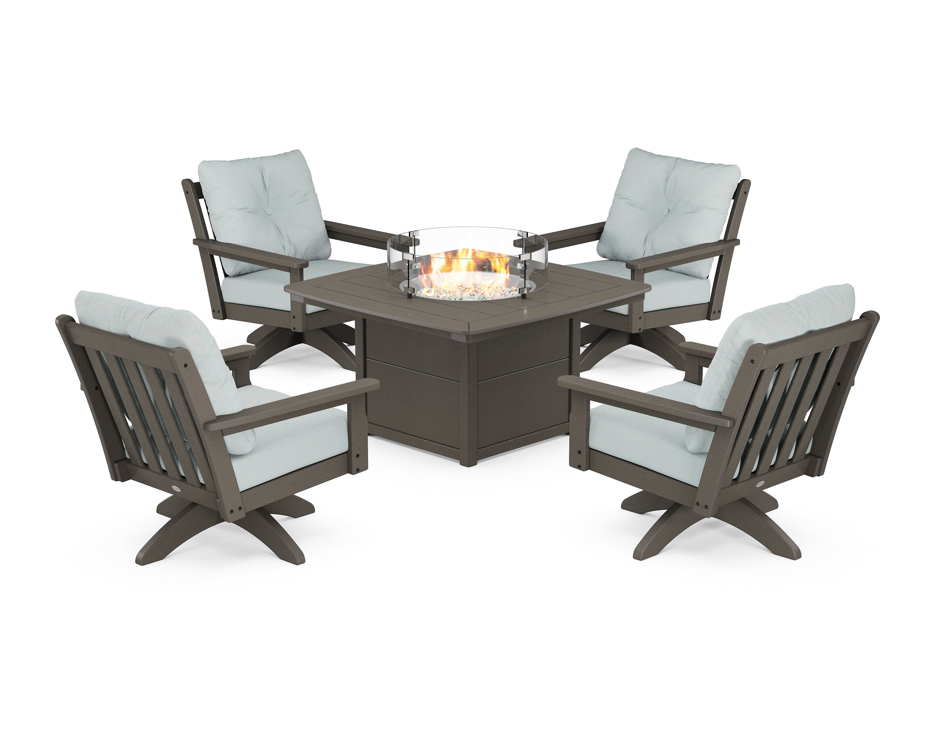 POLYWOOD Vineyard 5-Piece Deep Seating Swivel Conversation Set with Fire Pit Table in Vintage Coffee / Spa