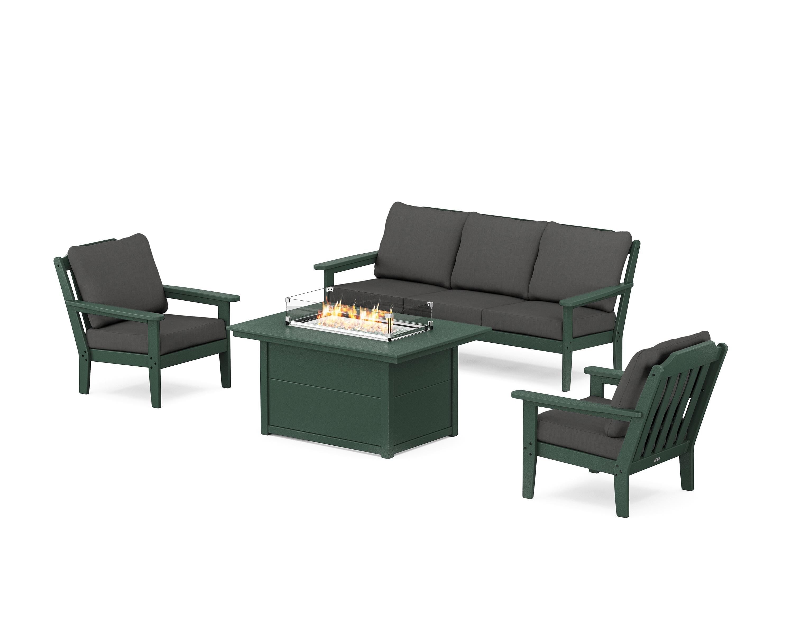 Country Living Cottage Deep Seating Fire Pit Table Set in Green / Spectrum Carbon