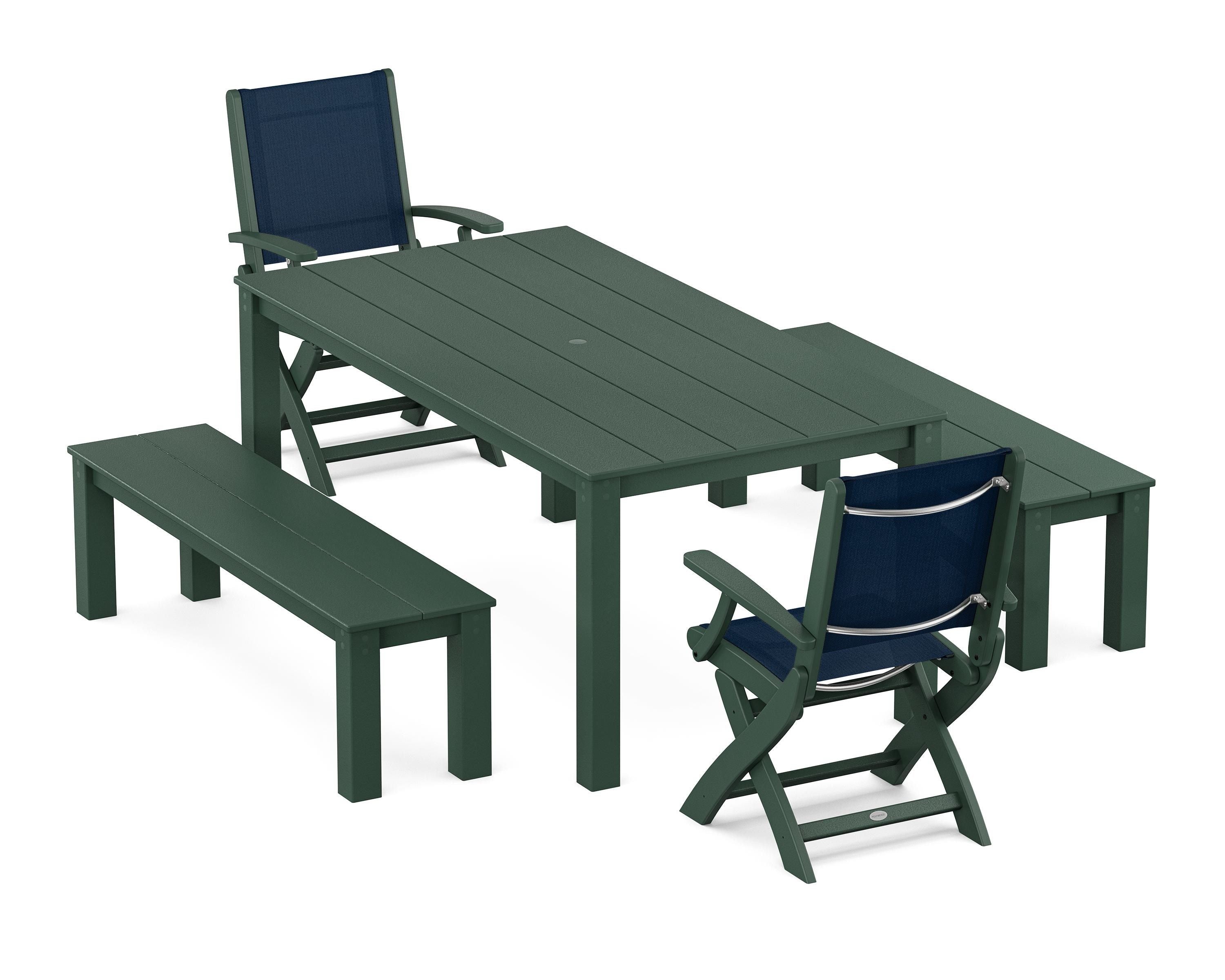 POLYWOOD Coastal Folding Chair 5-Piece Parsons Dining Set with Benches in Green / Navy Blue Sling