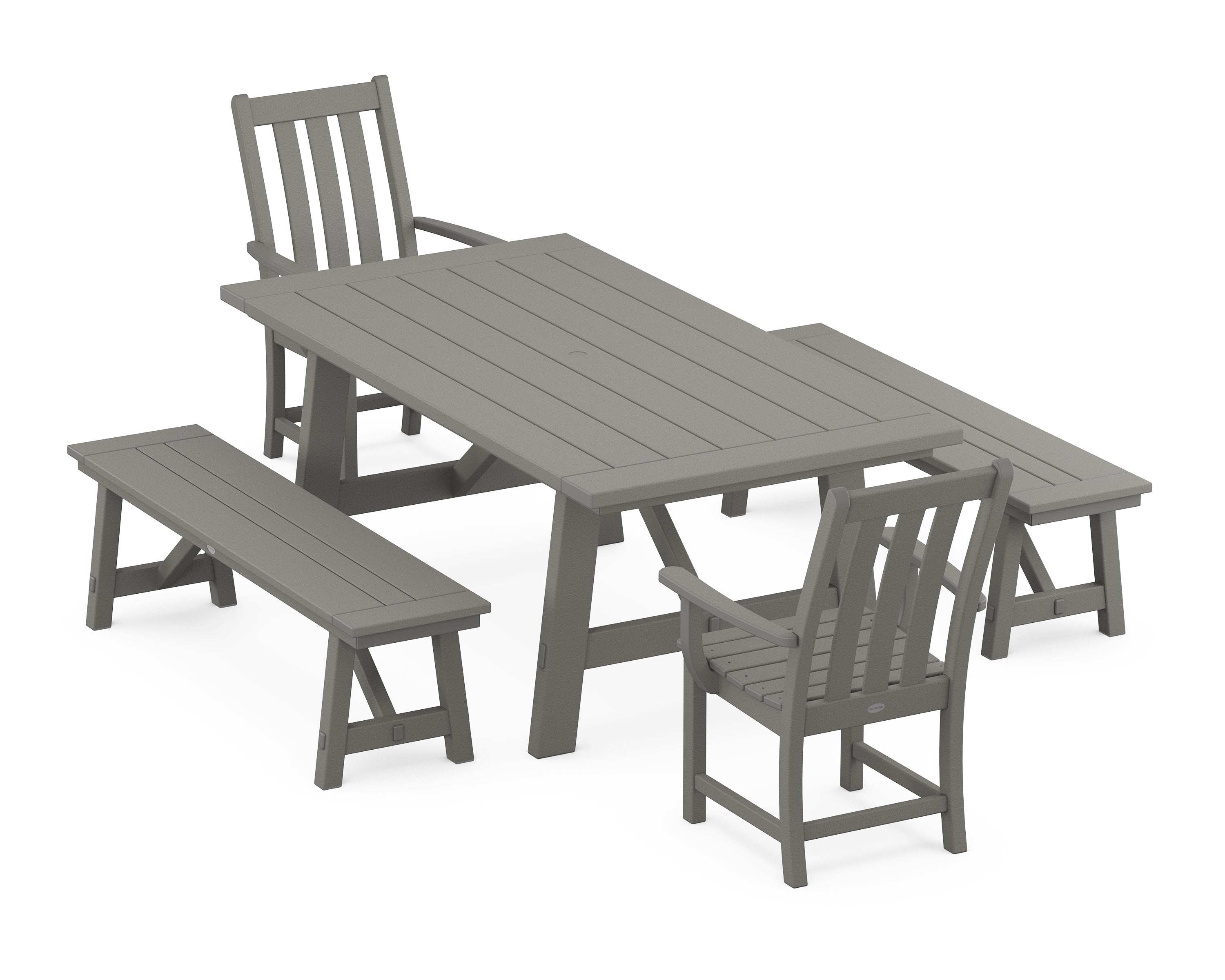 POLYWOOD® Vineyard 5-Piece Rustic Farmhouse Dining Set With Benches in Slate Grey