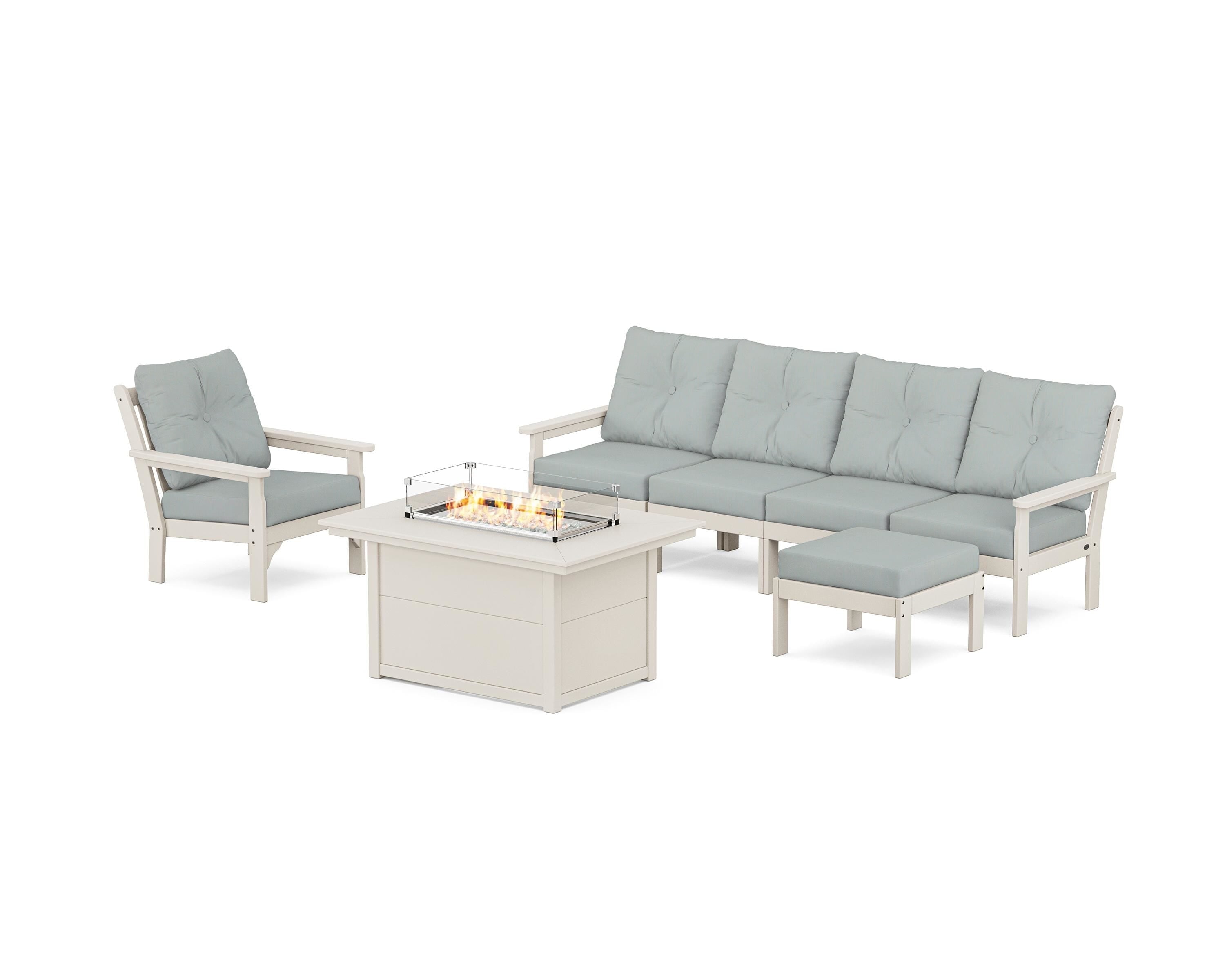 POLYWOOD Vineyard Sectional Lounge and Fire Pit Set in Sand / Spa