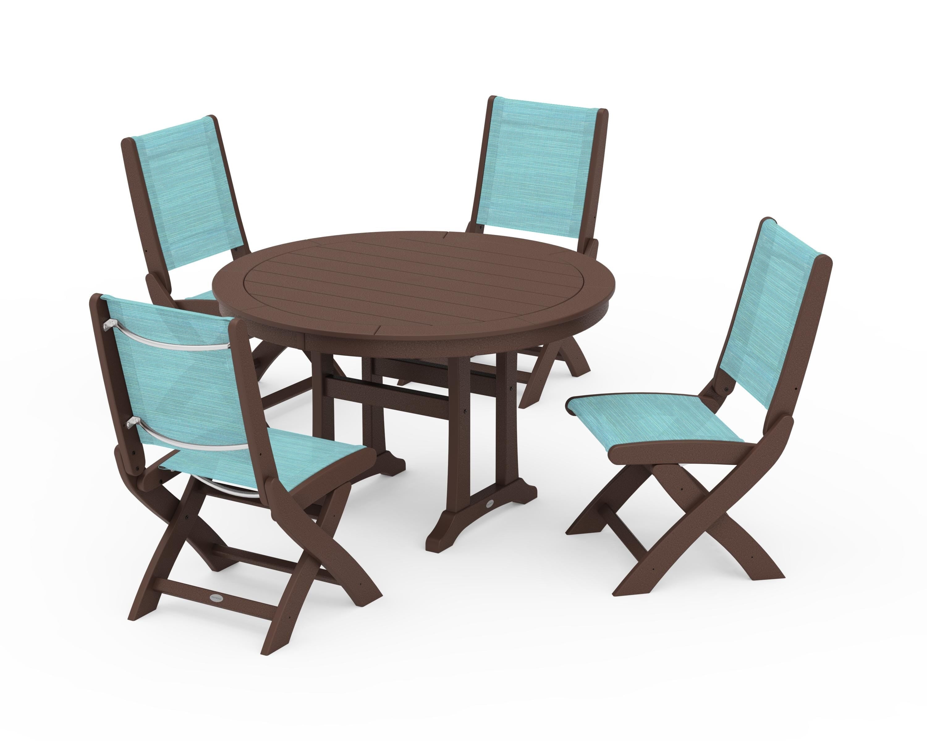 POLYWOOD Coastal Folding Side Chair 5-Piece Round Dining Set With Trestle Legs in Mahogany / Dupioni Aquamarine Sling