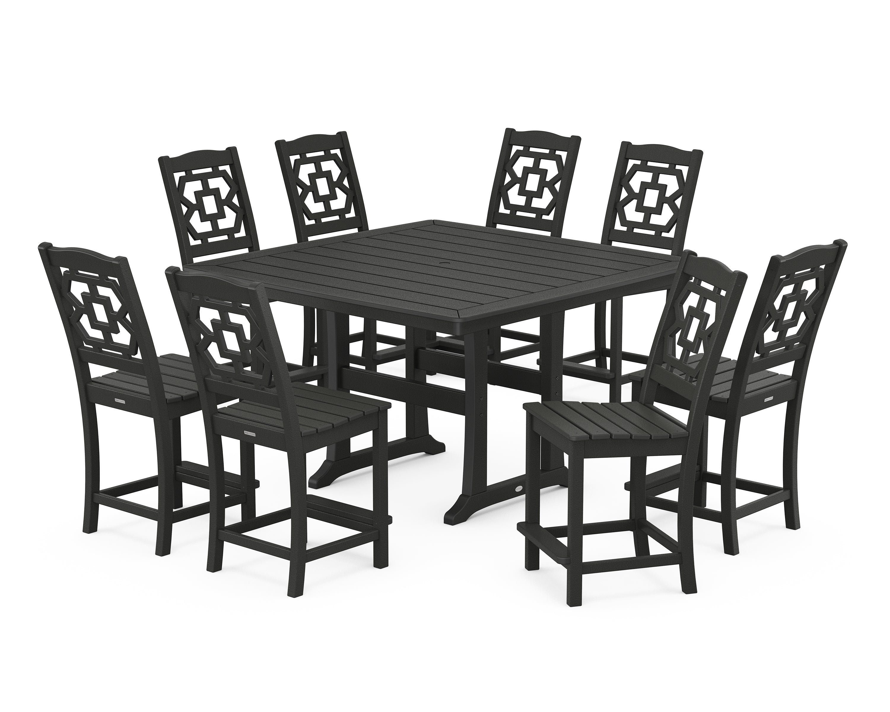 Martha Stewart by POLYWOOD® Chinoiserie 9-Piece Square Side Chair Counter Set with Trestle Legs in Black