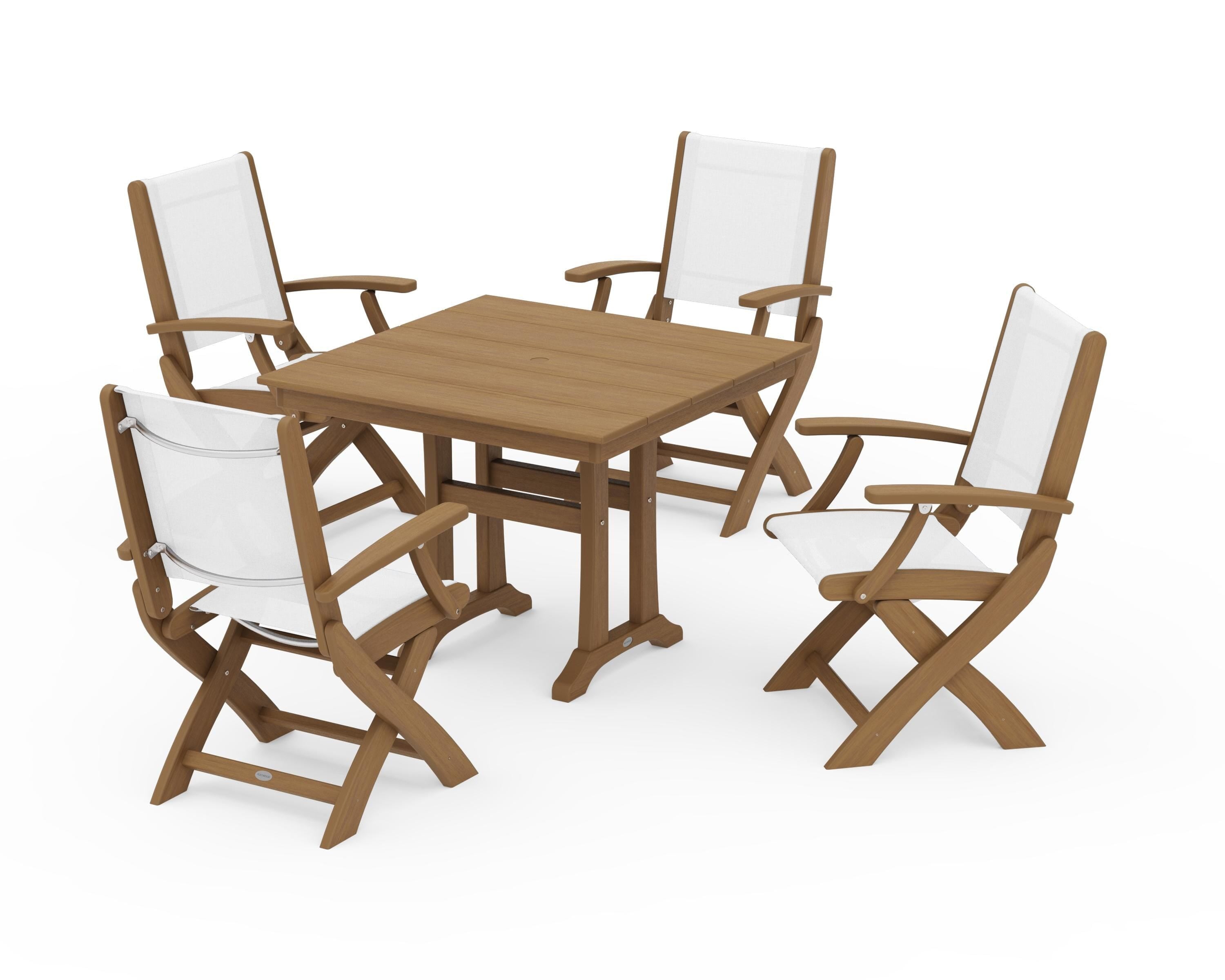 POLYWOOD Coastal Folding Chair 5-Piece Farmhouse Dining Set With Trestle Legs in Natural / White Sling