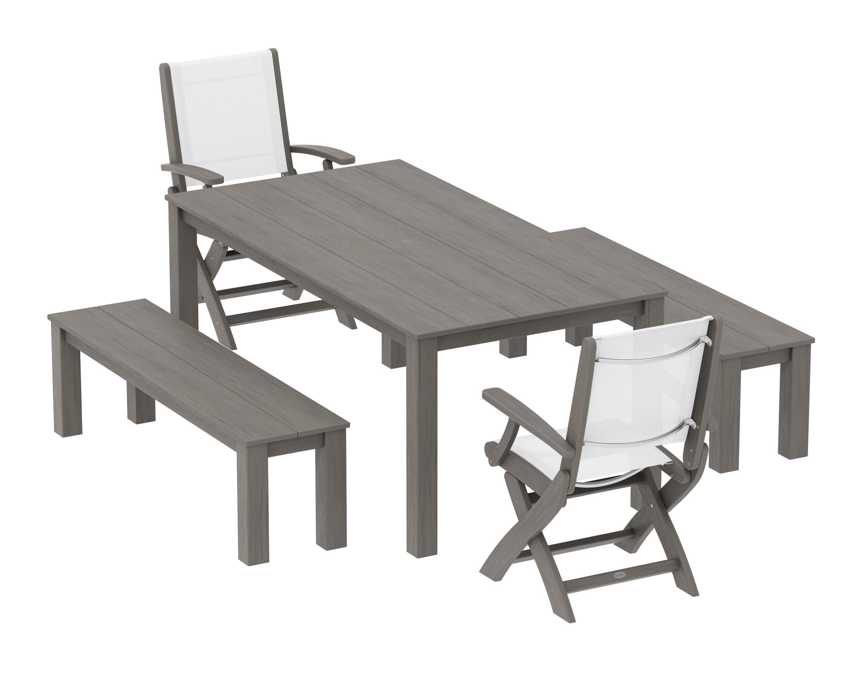 POLYWOOD Coastal Folding Chair 5-Piece Parsons Dining Set with Benches in Driftwood / White Sling