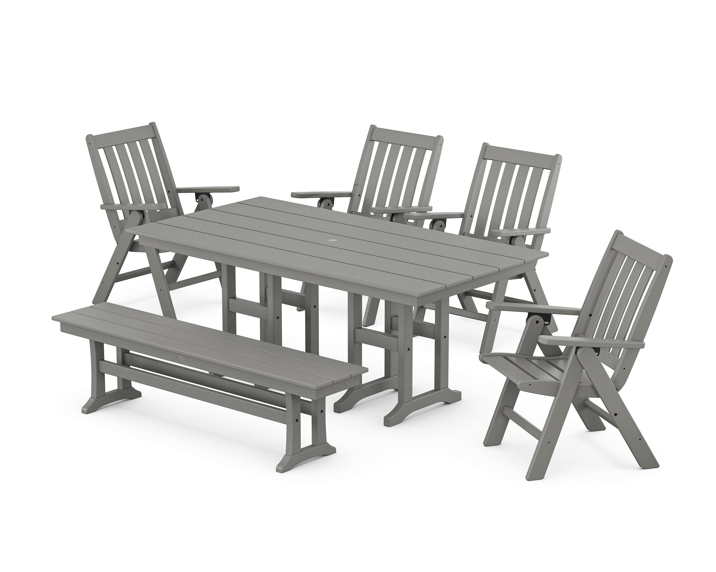 POLYWOOD Vineyard Folding Chair 6-Piece Farmhouse Dining Set with Bench in Slate Grey