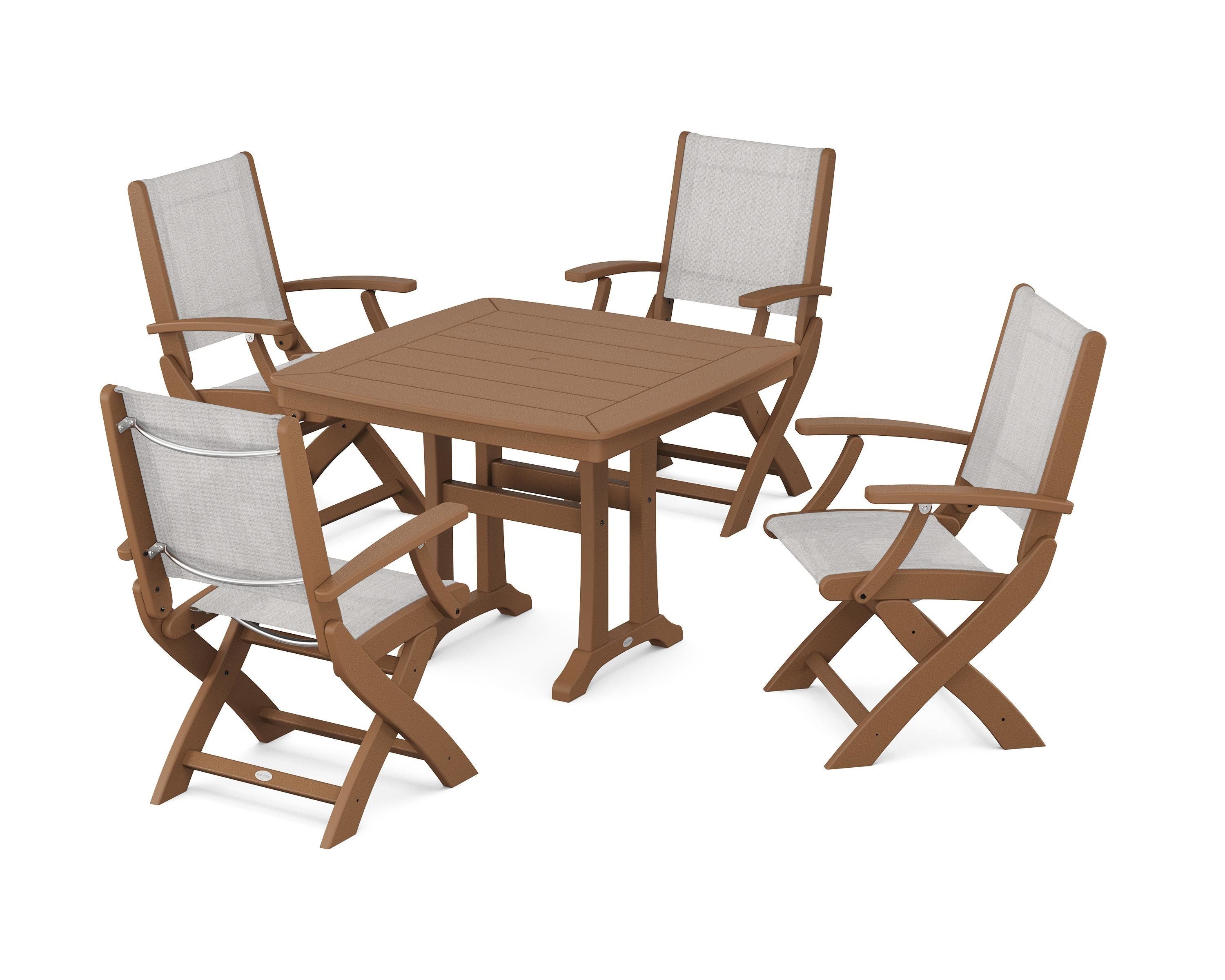 POLYWOOD Coastal Folding Chair 5-Piece Dining Set with Trestle Legs in Teak / Parchment Sling