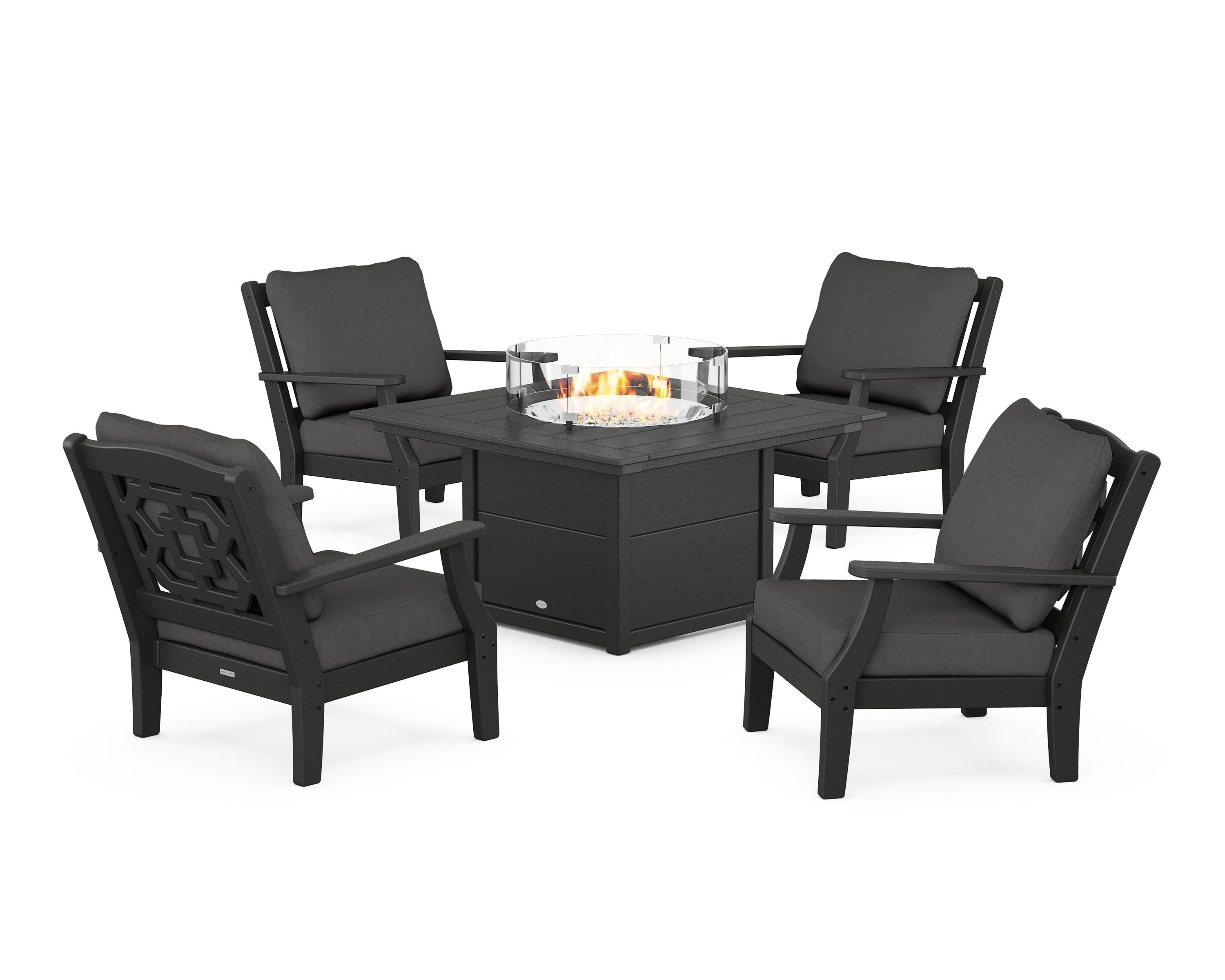 Martha Stewart by POLYWOOD Chinoiserie 5-Piece Deep Seating Set with Fire Pit Table in Black / Spectrum Carbon
