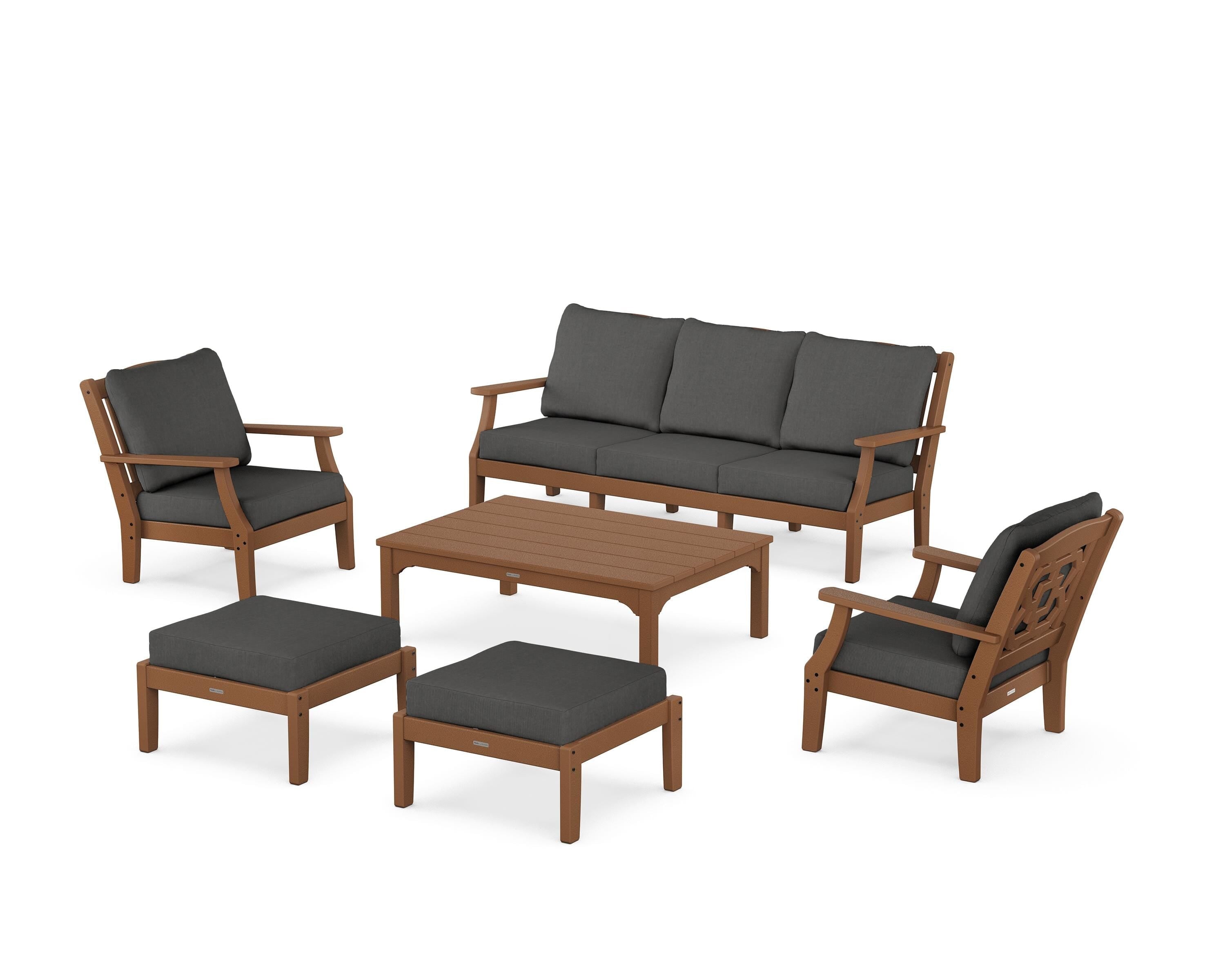 Martha Stewart by POLYWOOD Chinoiserie 6-Piece Lounge Sofa Set in Teak / Spectrum Carbon