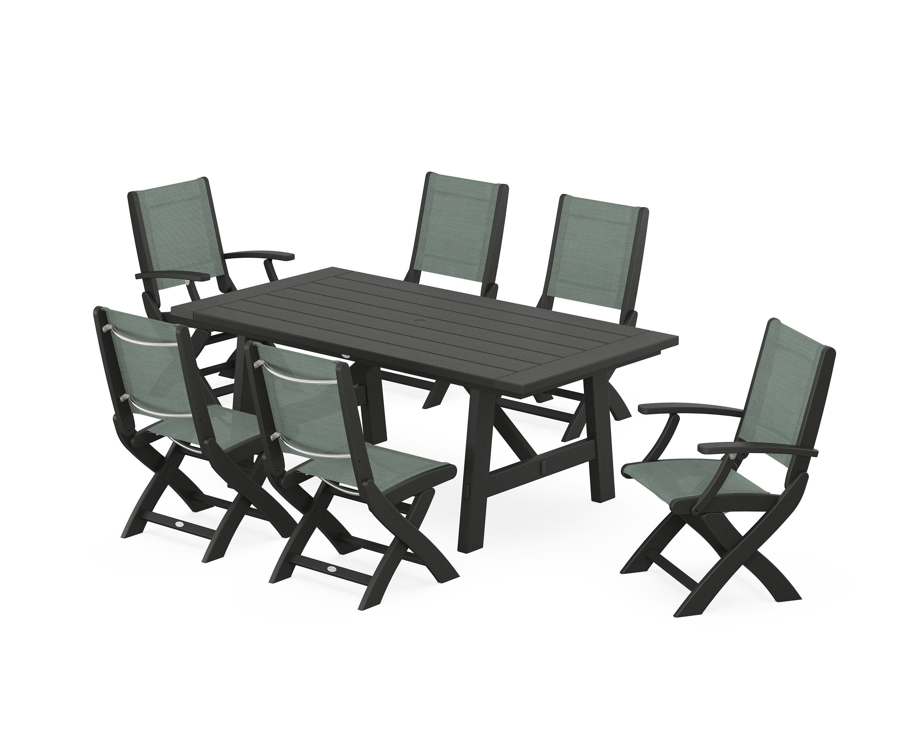 POLYWOOD Coastal Folding Chair 7-Piece Rustic Farmhouse Dining Set in Black / Dupioni Sea Mist Sling